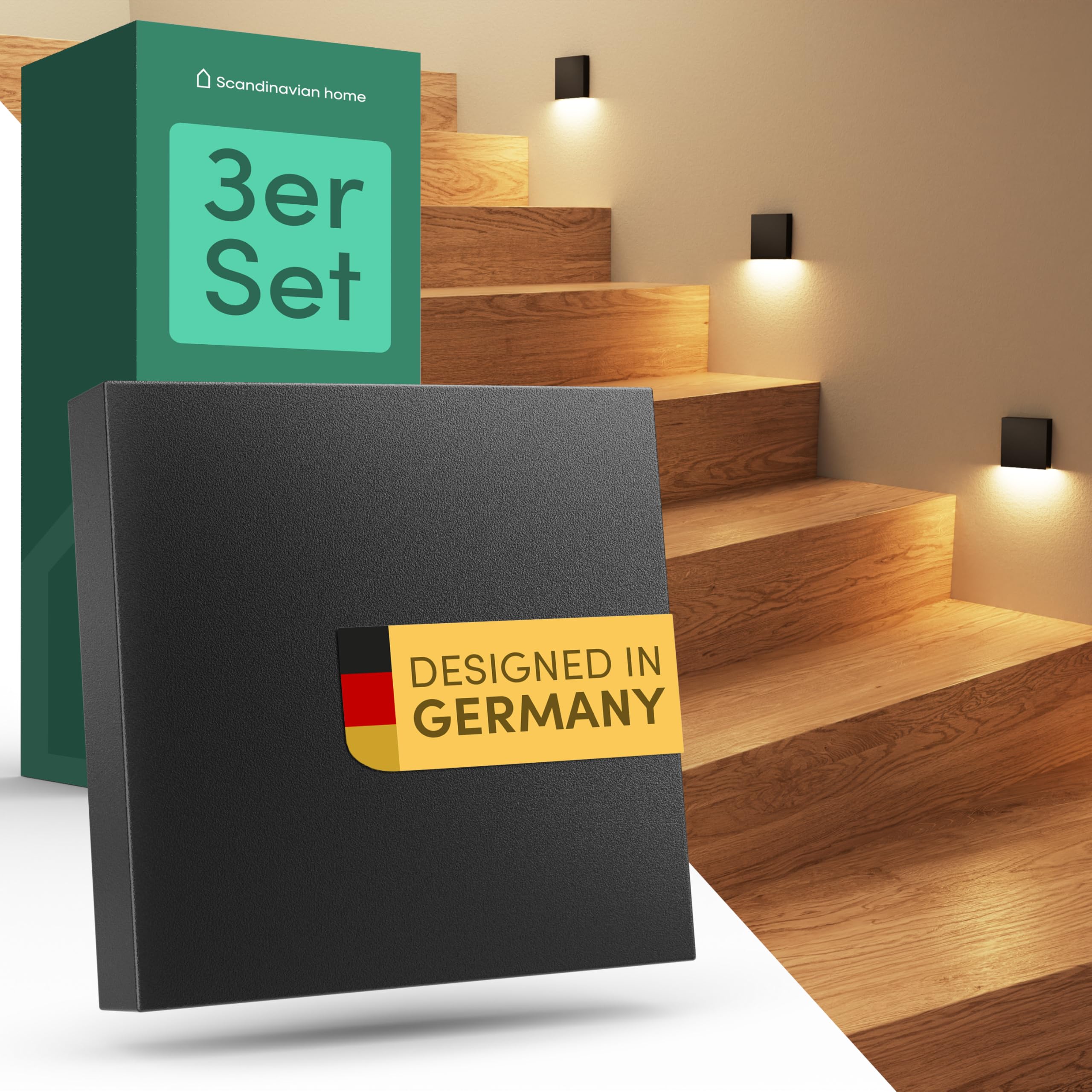 Scandinavian home 3er Set LED Treppenbeleuchtung Außen/Innen I Helligkeit einstellbar I IP65 230V 1W Warmweiß 3000K 125lm I Treppenlicht, Treppenstufenbeleuchtung, Treppenleuchte, Wandeinbauleuchte