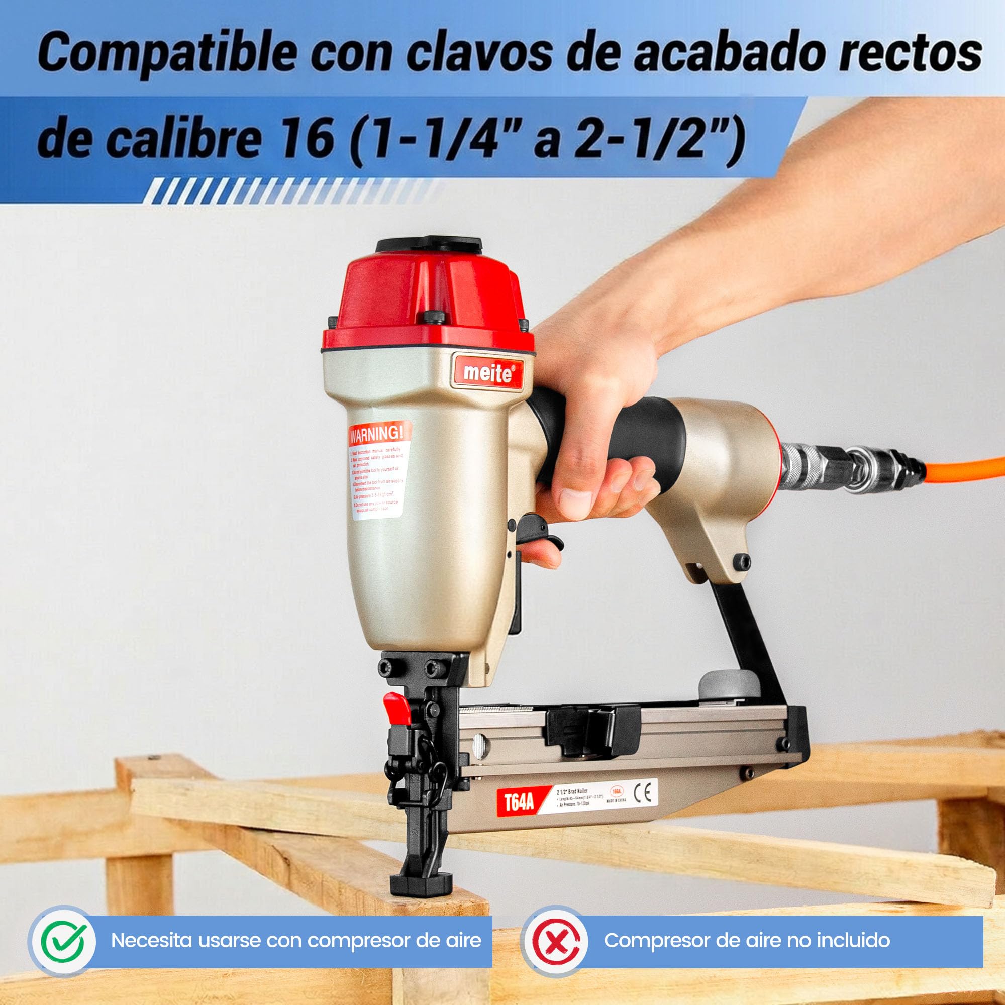 meite Clavadora de Acabado Neumática Calibre 16, Pistola de Clavos Rectos con Liberación Rápida de Atascos para Rodapiés, Armarios y Molduras, Compatible con Clavos de 32 a 64 mm