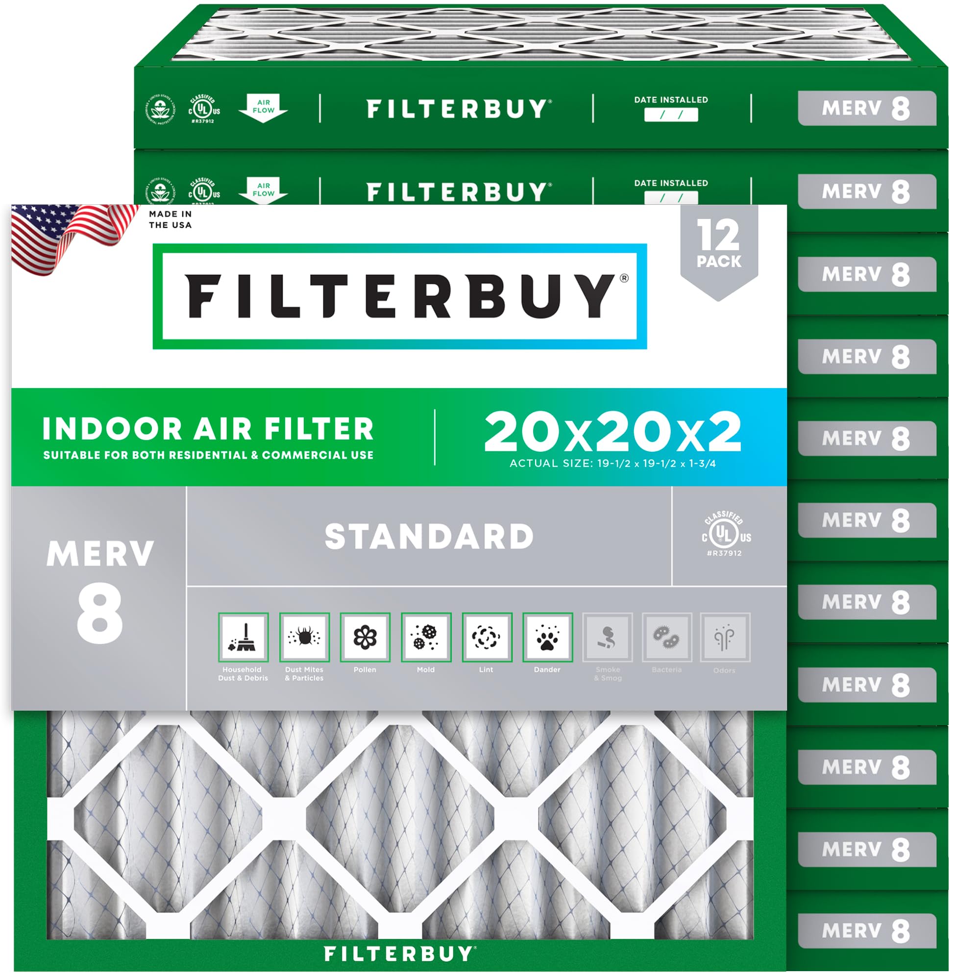 Filterbuy 20x20x2 Air Filter MERV 8 Essential Dust & Allergy Defense (12-Pack), Electrostatic Pleated HVAC AC Furnace Filters Replacement, Made in USA (Actual Size: 19.50 x 19.50 x 1.75)