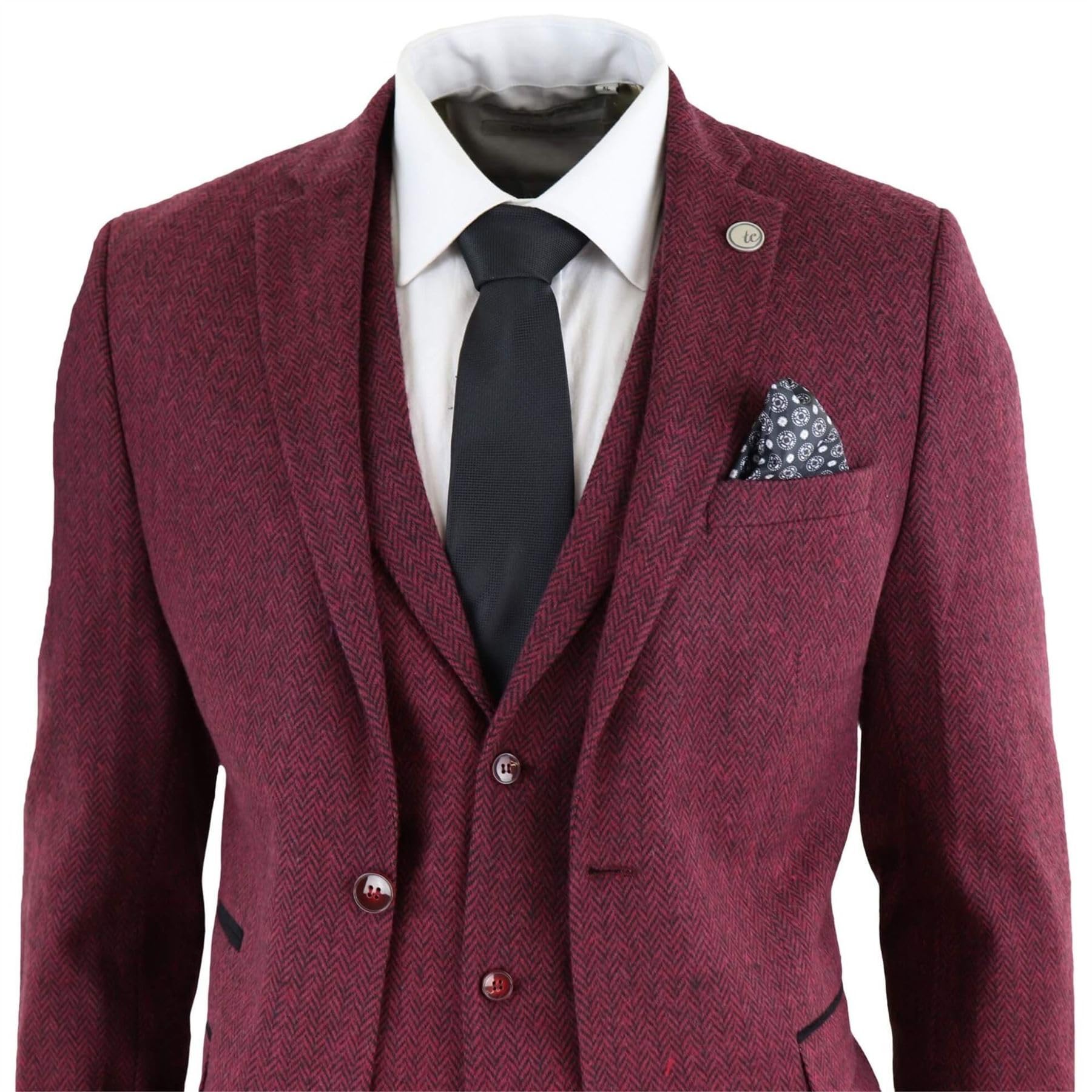 TruClothing.com Abito da Uomo 3 Pezzi Bordeaux Nero Classico in Lana Tweed