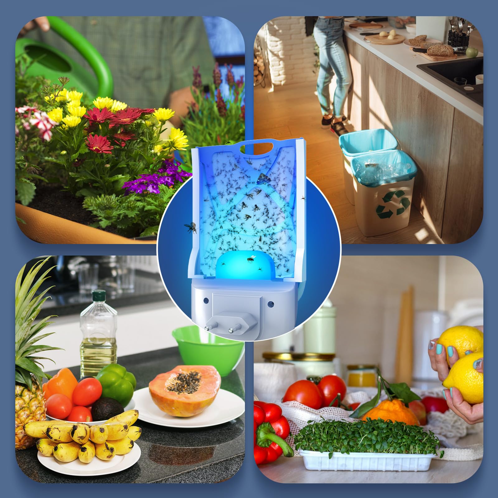 Trappola per Mosche, Antizanzare Volanti Plug-in, Trappole per Mosche da Interni, Lampada Antizanzare UV con Adesivo, Trappola per Zanzare, Mosche della Frutta (2 Dispositivi + 12 Ricariche)