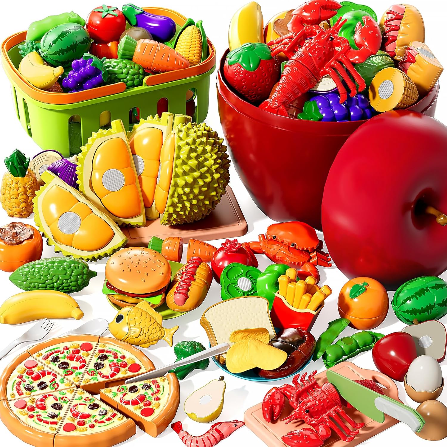 Play Food Set for Kids, Toddler Learning Toys, Cutting Food Toy Color Sorting Set, Pretend Food Play Kitchen Accessories for Kids, Birthday Gifts for 3-8 Years old Boys Girls Educational Toys 45PCS