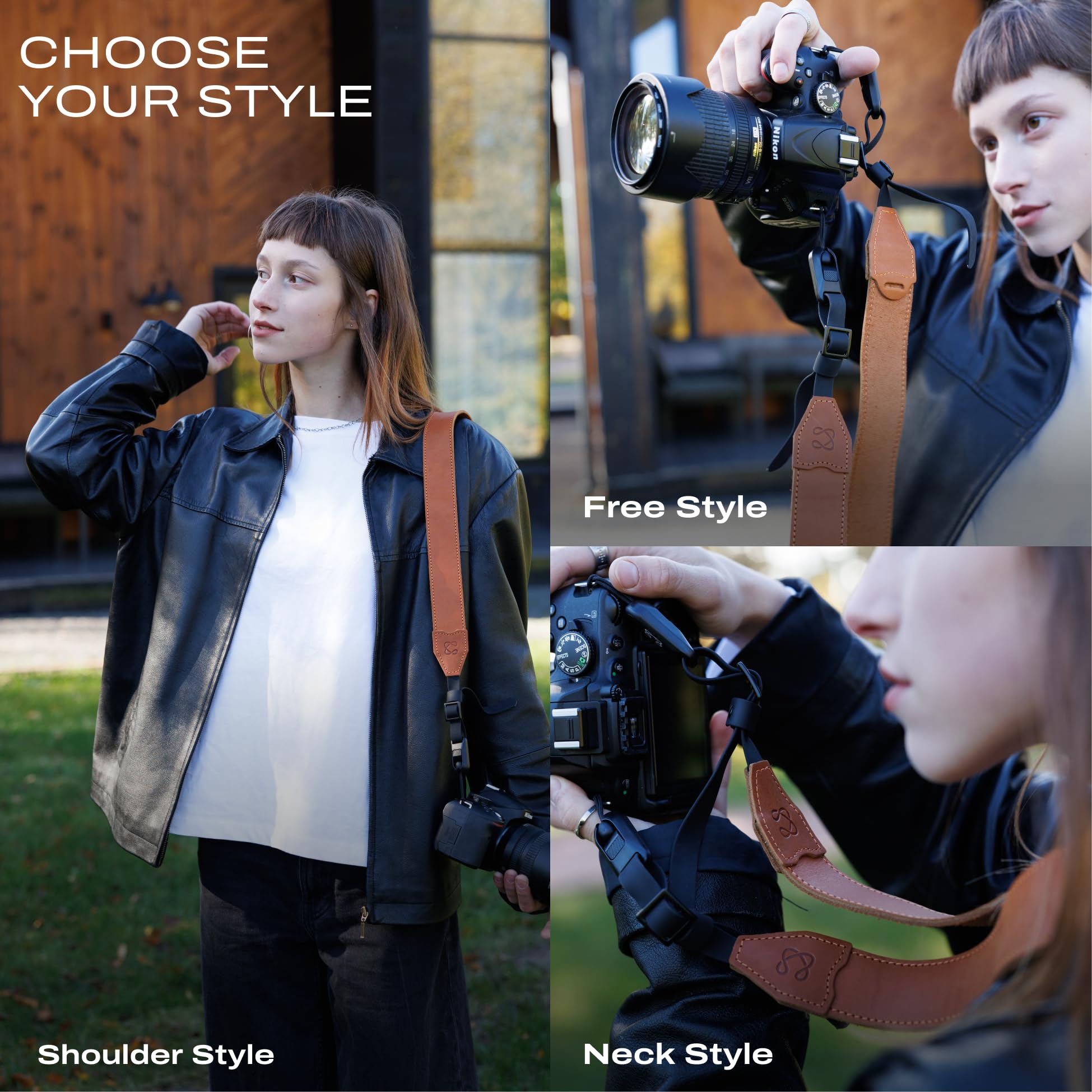 C Coiro Bandoulière classique en cuir avec libération rapide, configurable comme sangle, tour de cou réglable, bandoulière pour appareil photo reflex numérique, pour photographes, classique/brun clair