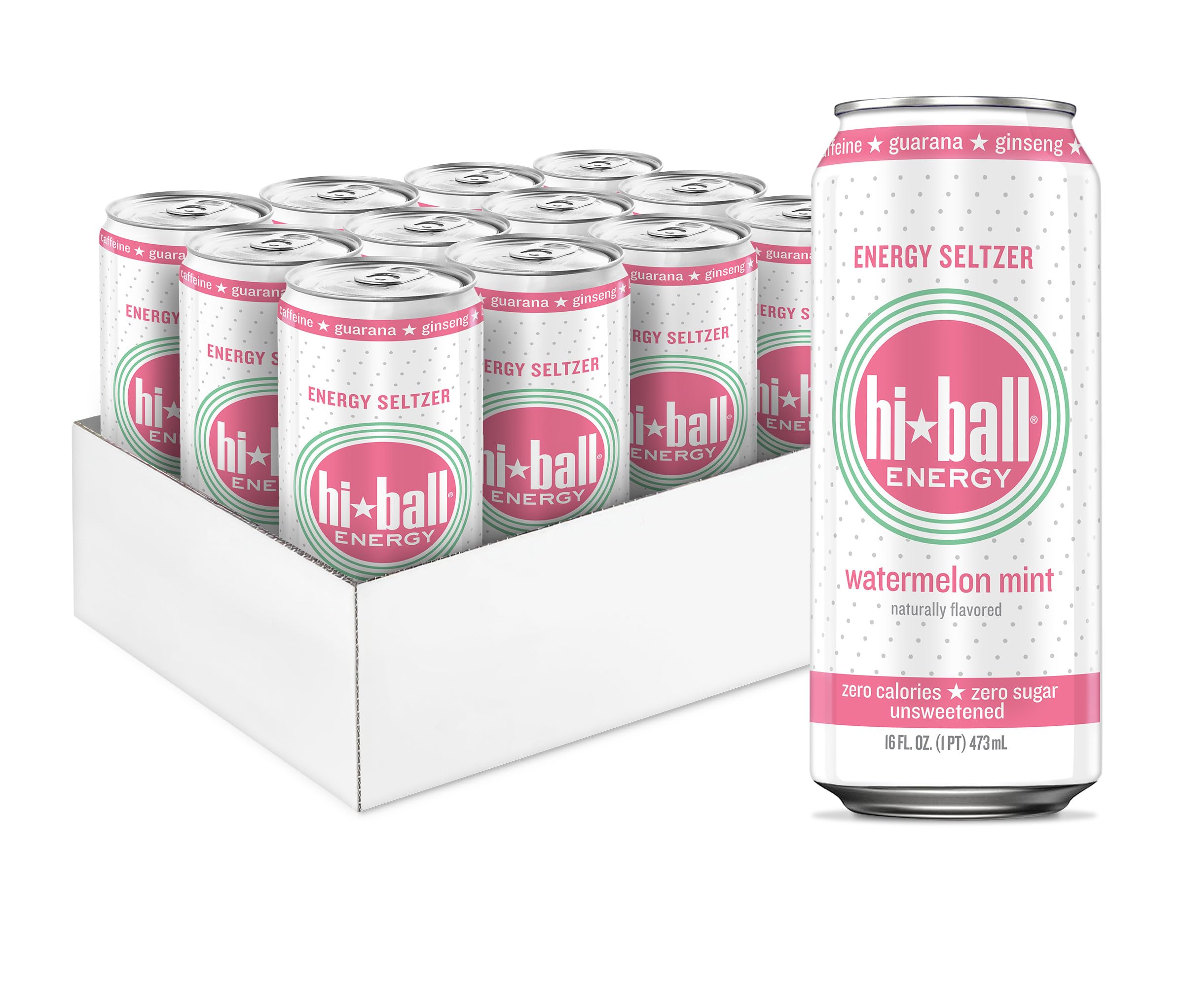 Hiball Clean Energy Drink - Watermelon Mint - Zero Sugar, Zero Calorie Sparkling Water with 160mg Organic Caffeine, 50mg Organic Ginseng, 50mg Organic Guarana and B Vitamins - 16 fl oz (8-Pack)