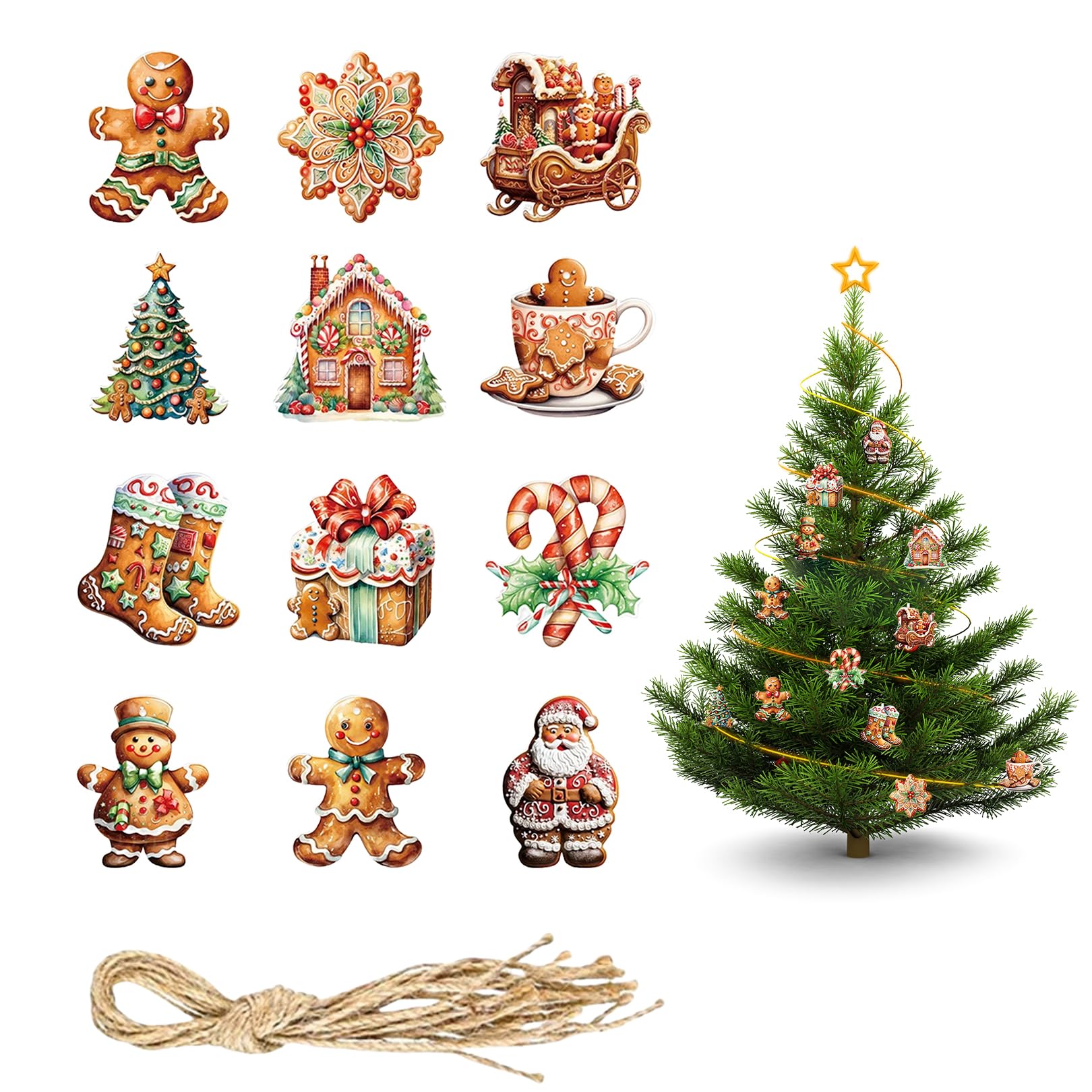12Pcs Christmas Tree Decorations,Gingerbread Christmas Decorations,Gingerbread Man with Strings,Xmas House Gizmo Hanging Ornaments,Christma Themed Kit,Candy Cane Festive Decoration for Indoor Ornament