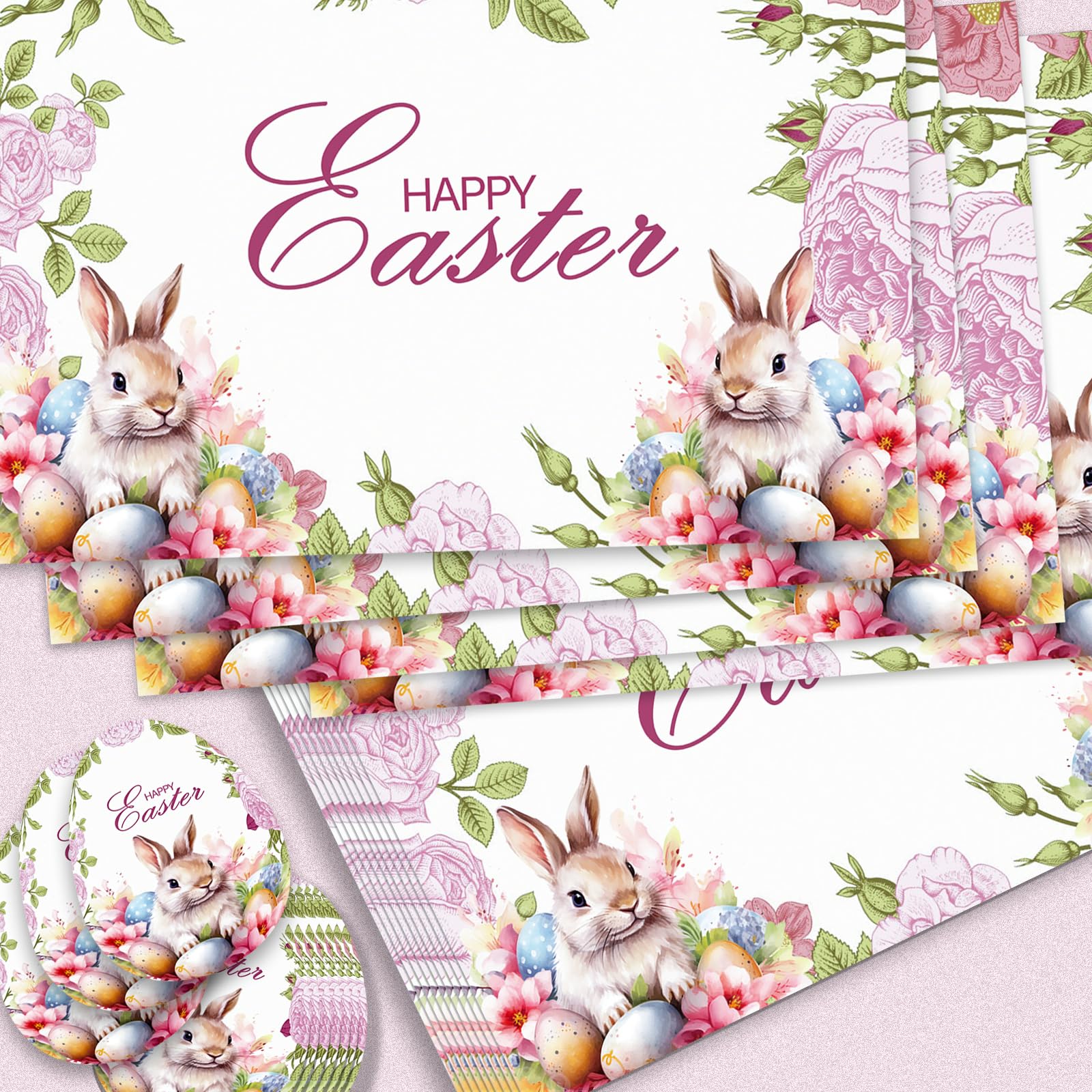 50 manteles individuales de papel de Pascua, manteles individuales desechables de papel con posavasos, 28 x 43 cm, manteles individuales de conejo, huevos de conejo, manteles individuales de primavera