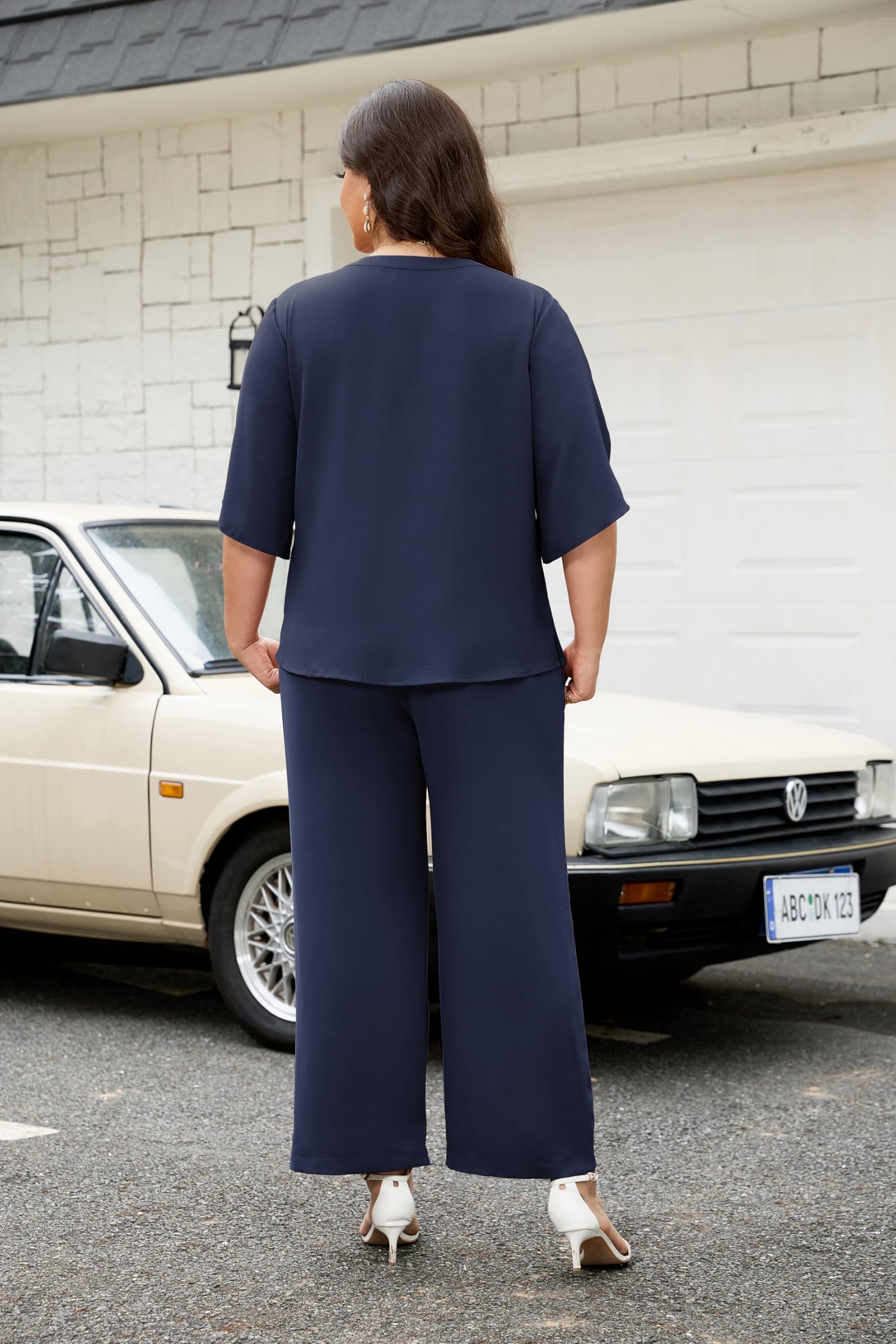 Theenkoln Damen Großgrößen Chiffon Set 2-teilig Elegantes Outfit V-Ausschnitt Top Fledermausarm Hoher Taille Hose
