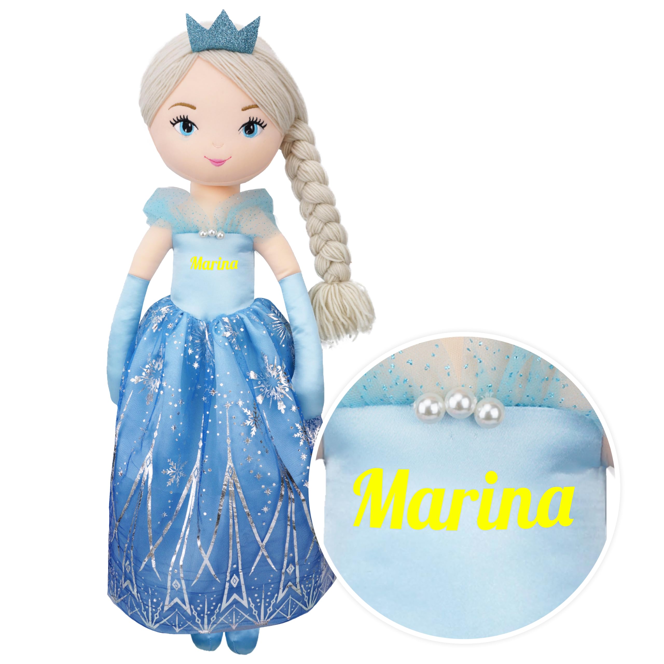 Spersonalizowana lalka księżniczki Marina Crystalheart o długości 75 cm – niestandardowa lalka księżniczki z niebieską sukienką – pluszowa lalka w rozmiarze życia prezent dla dziewcząt