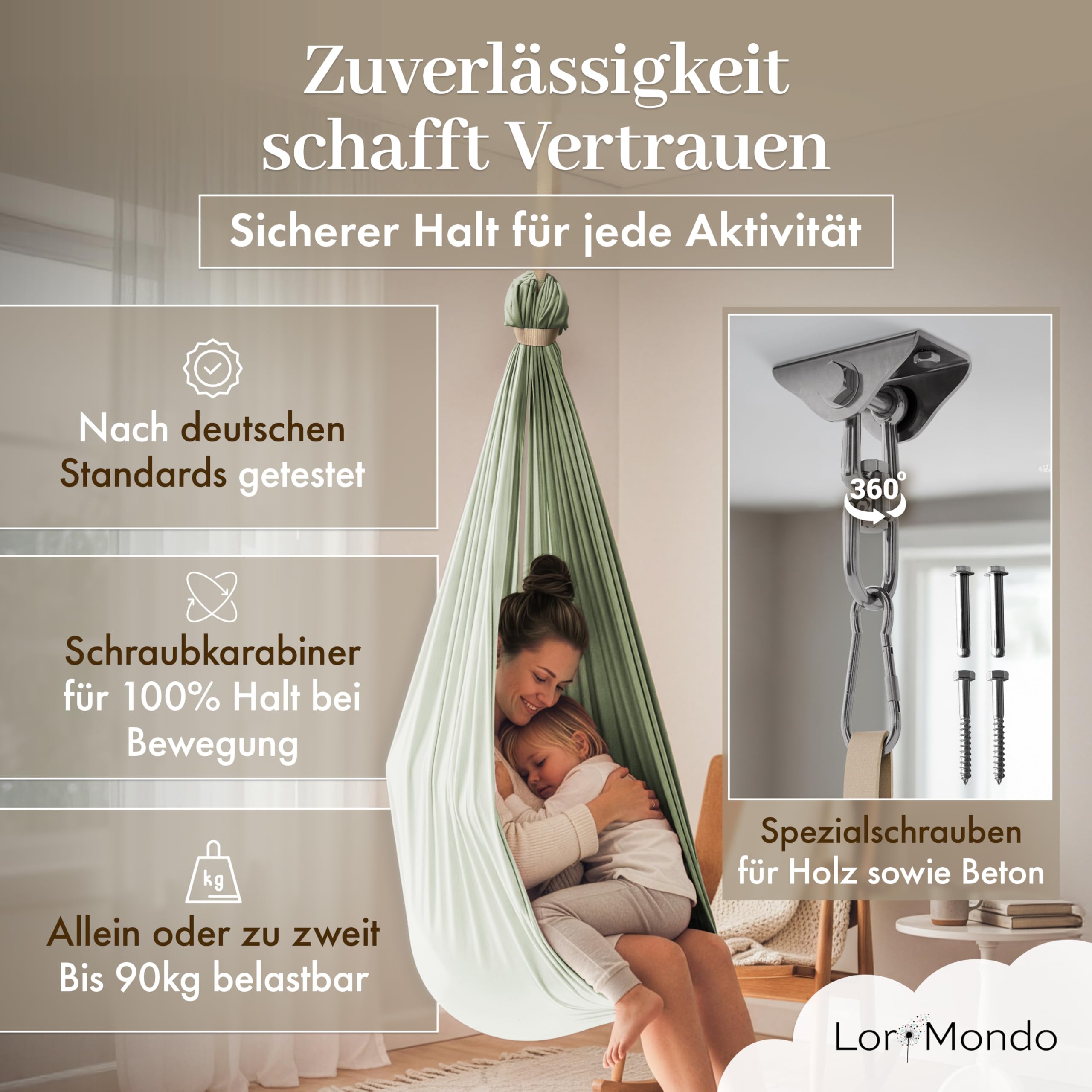Hängeschaukel – Gemütliche Indoor Schaukel aus Baumwolle für entspannte Momente, inkl. Montageset und Baumwolltasche (Salbeigrün) - 4