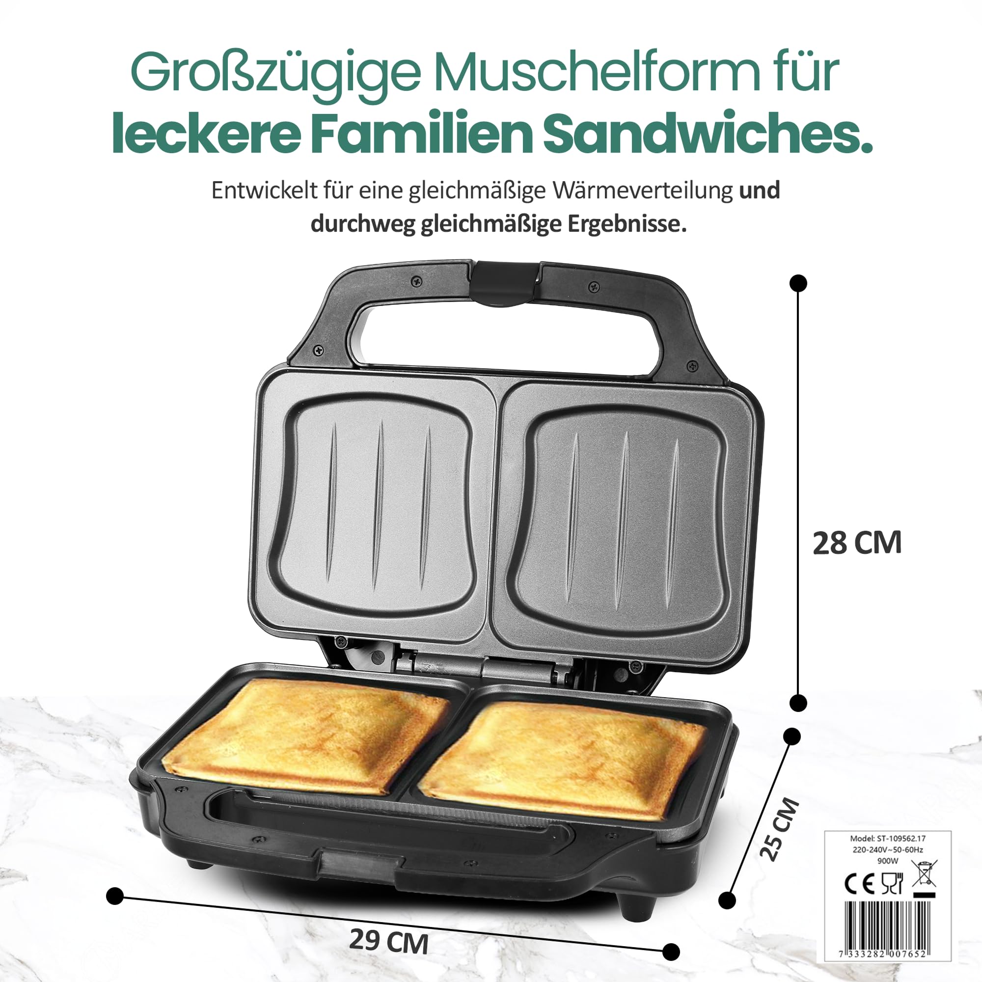 Emerio - Tostapane XXL adatto per toast di tutte le dimensioni, privo di BPA, forma a conchiglia, facile da pulire, il formaggio non cola, per la casa e il giardino, testato 03/2019, 900 Watt