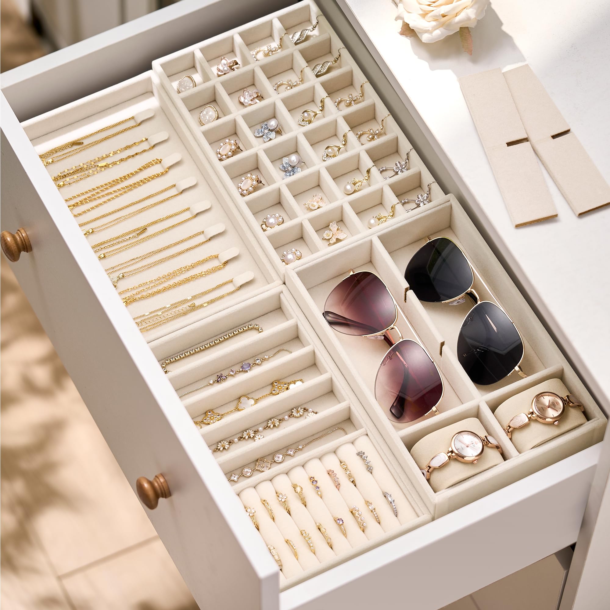 Velvet Jewelry Drawer Organizer Trays – Beige Stackable Jewelry Storage Inserts Set, 4-Layer Jewelry Tray Set for Earrings, Rings, Necklaces, Bracelets with Removable Dividers for Dresser & Vanity