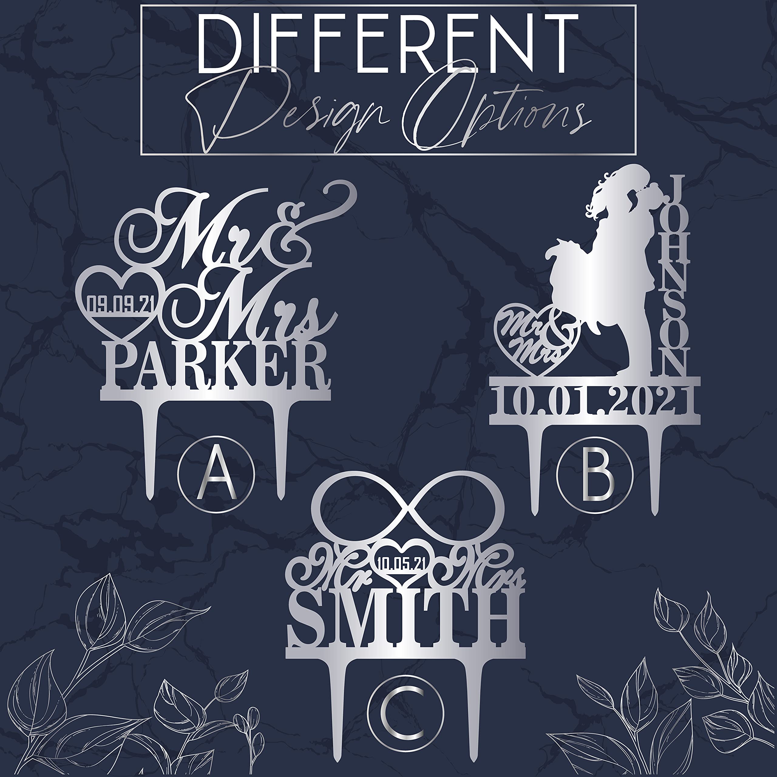 Bride & Groom Kissing Personalized Wedding Cake Topper Mr Mrs Heart Customized Wedding Date & Last Name To Be | Solid Color Cake Toppers