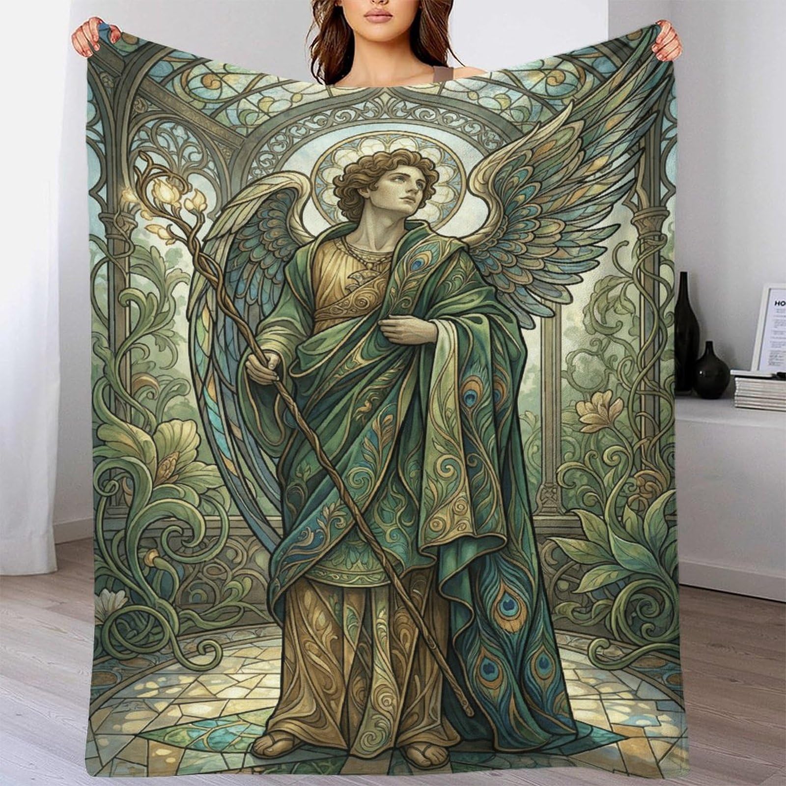 W7C8U2X3 Art Nouveau Mucha Archangel Soft Throw Blanket, Reading Couch Use