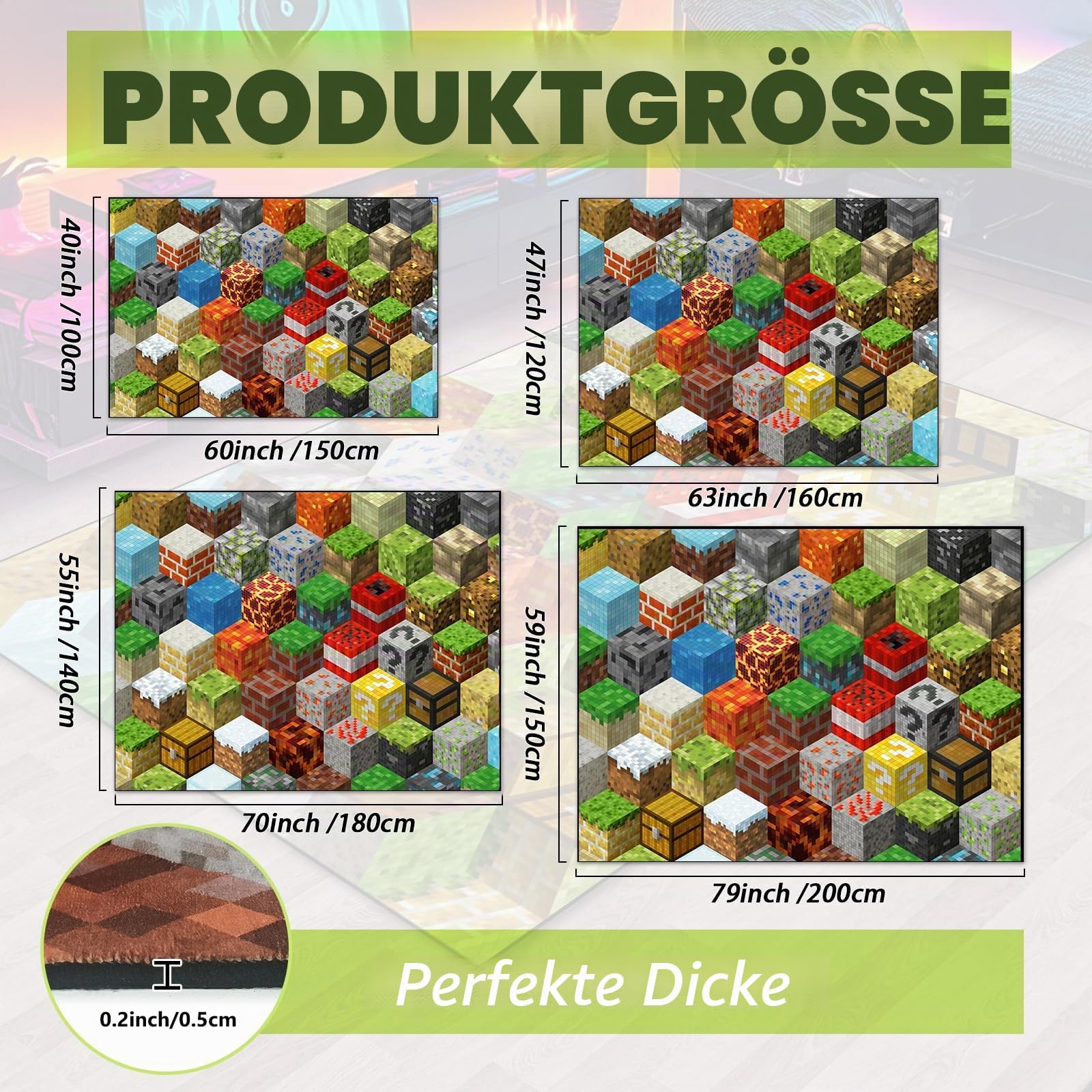 Block-Spiel-Teppich für Teenager, Jungen, Teppich mit Pixel-Spielelementen, Dekorationsmatte, Würfel-Block-Spielteppiche für Jungen-Schlafzimmer, Wohnzimmer, Spielzimmer, rutschfeste