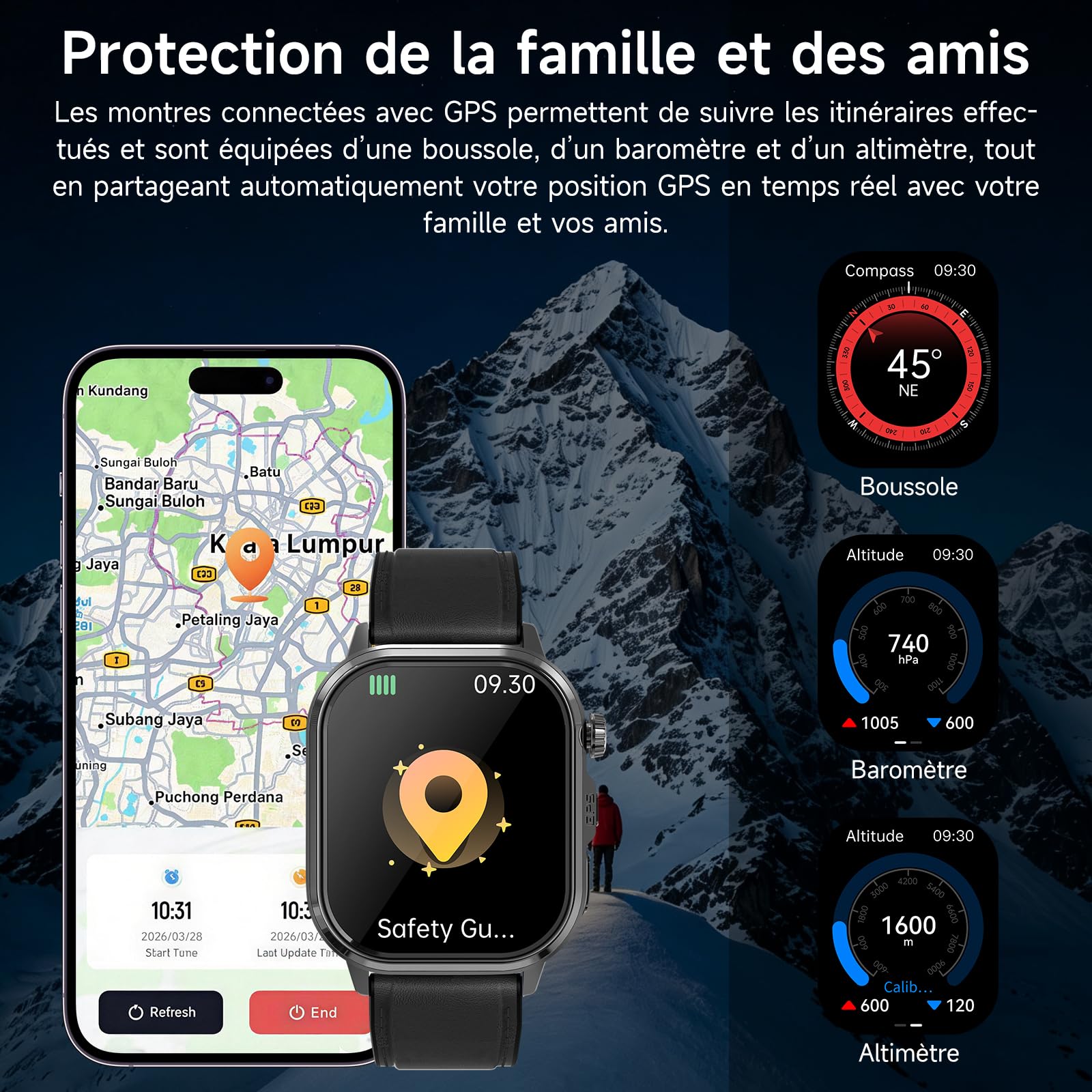 GPS Montre Connectée Homme ave AI-GPT/ECG/VFC/Pressιon artérιelle/IMC