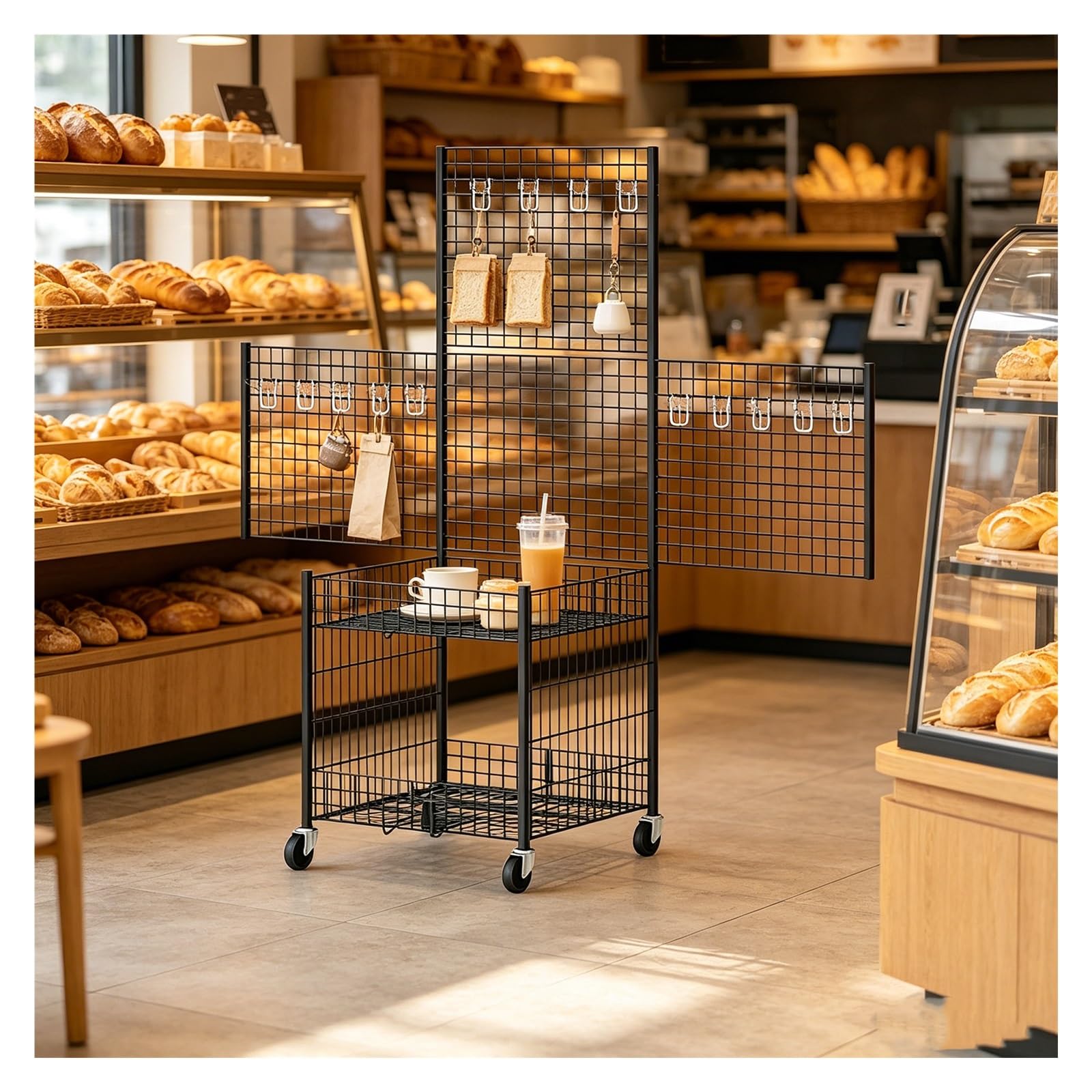 Portable Markets Stall Stand with Wheels, Double-tier Foldable Market Cart, Featuring 10 Hooks, Lockable Swivel Casters, Side Panels That Fold Inward, Reinforced Crossbars, and a Craft Display Stands