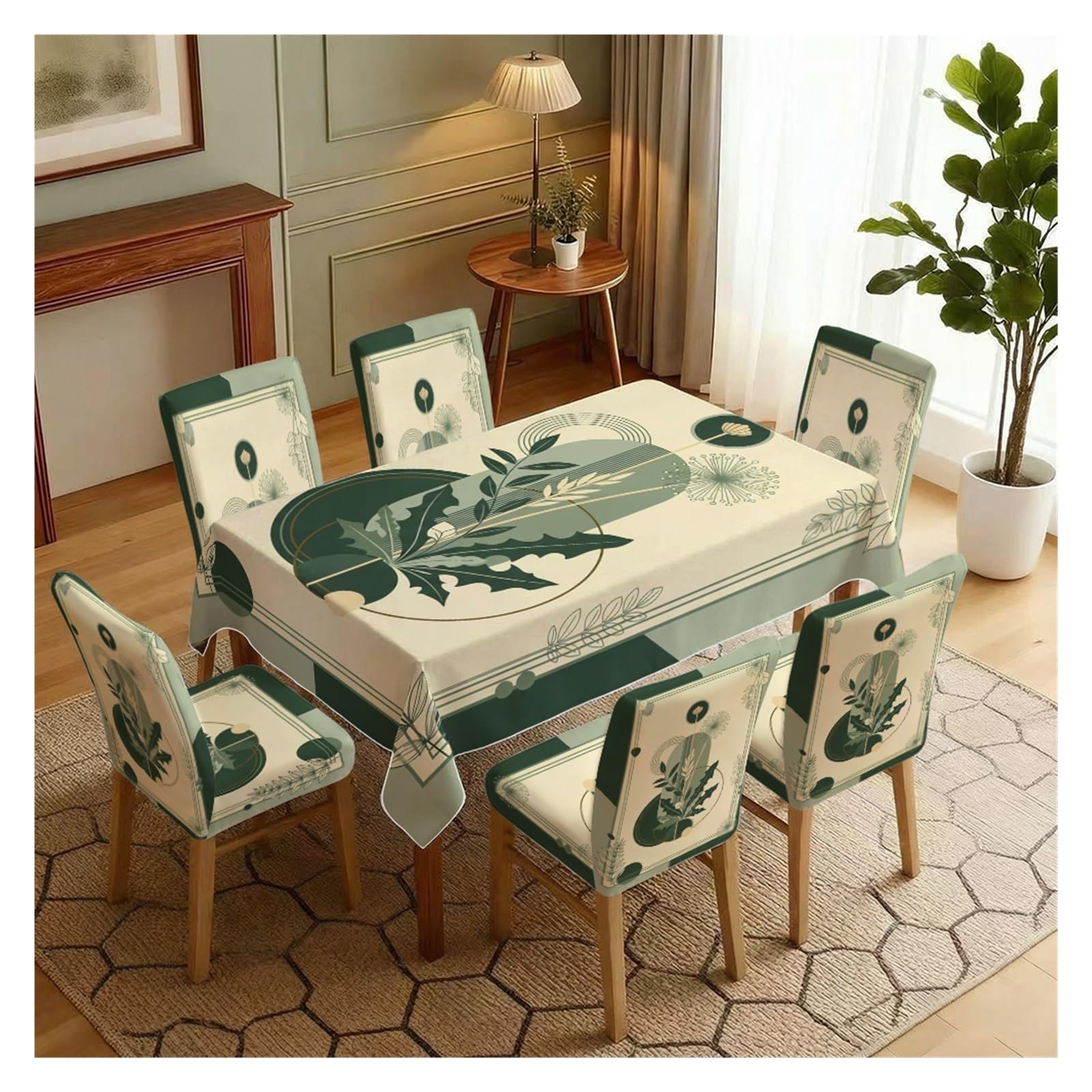 KXUAUV Stretch Dining Chair Slipcover & Tablecloth Set, Green Geometric Botanical Print, 5/7 Pack, Modern Minimalist Boho Home Decor Party Decor(7pcs Set: Tablecloth+Chair Covers)