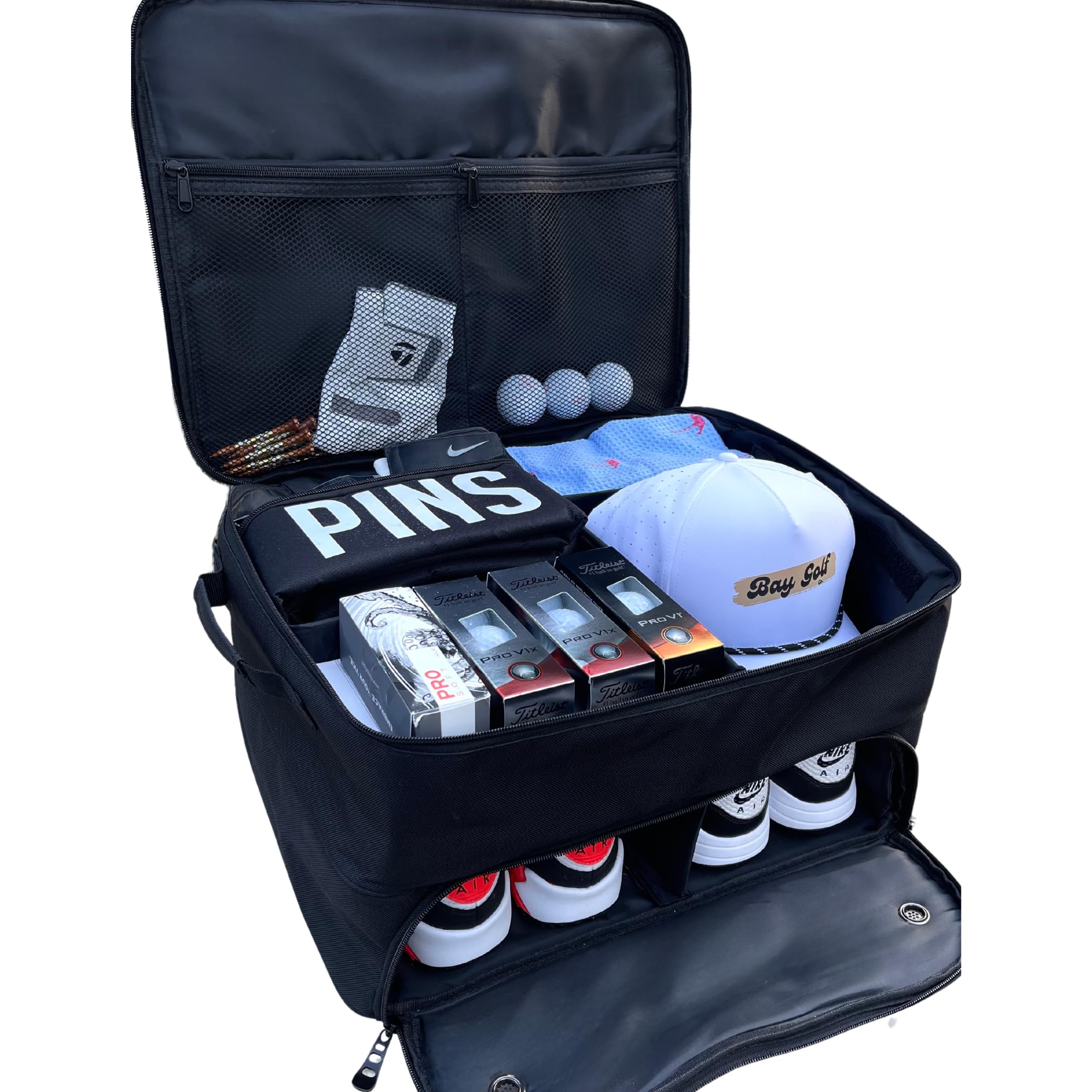 Bay Golf BG1 Golf Organizer for Car or SUV Water Resistant, 2 Level Gear Bag, Fits 2 Pairs of Shoes, Ventilated, Durable Storage for Balls, Tees, Clothes, Accessories. Black