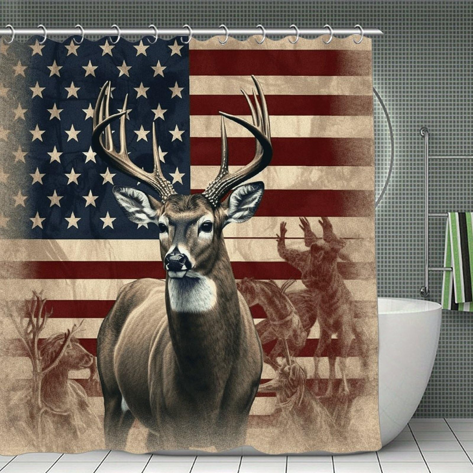 VstaDank Americana Flag Deer Shower Curtain Waterproof Bathroom Shower Curtain with C Type Hooks Soft Lightweight Shower Curtains Liner Washable Polyester Cloth Shower Liner 71x71 Inch