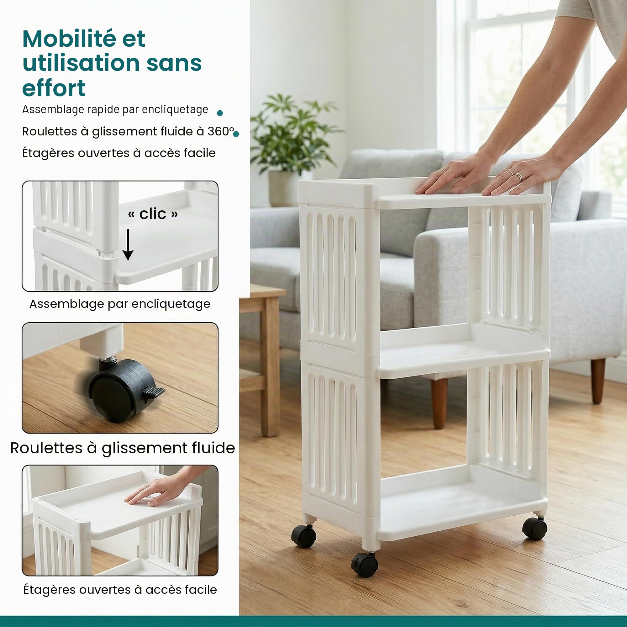 Chariot de bricolage Étagère à roulettes étroite Chariot de rangement en plastique à 3 étages avec 4 roues Chariot de salle de bain Cuisine Étagère de salle de bain pour salon Bureau Chariot