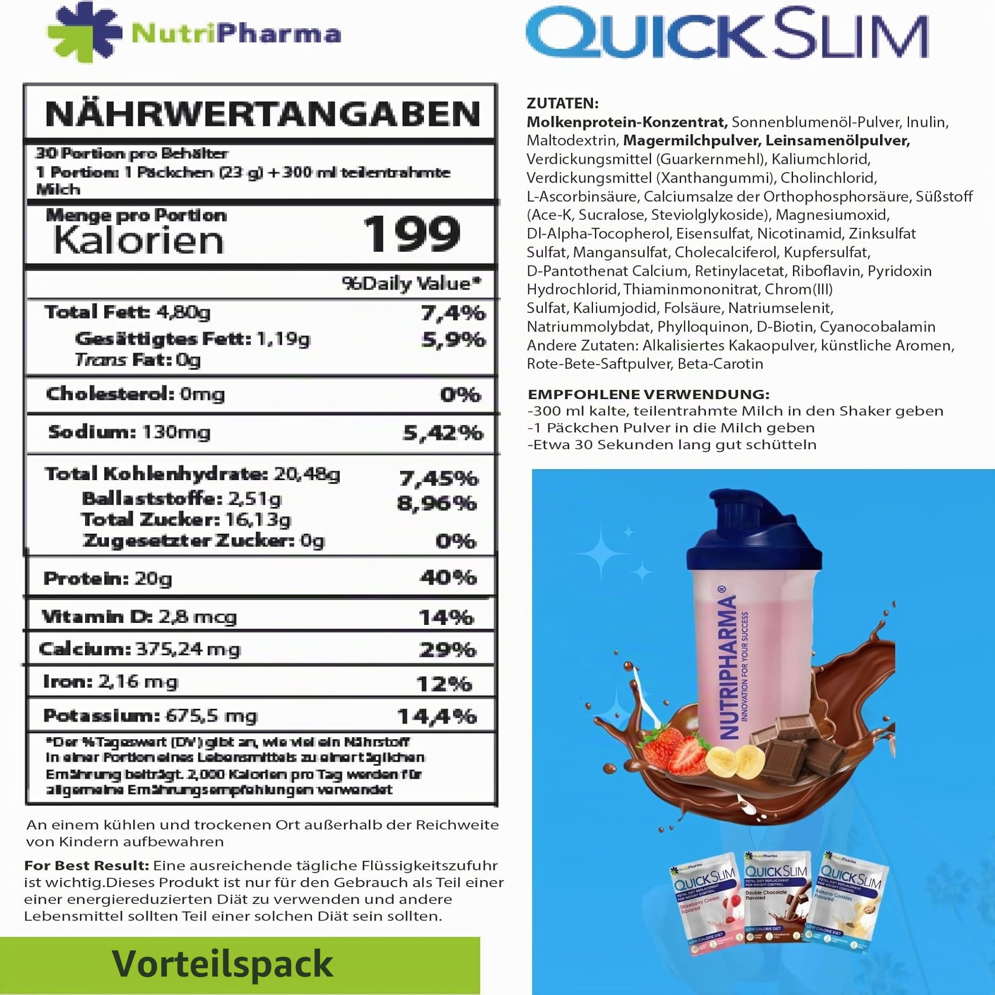 Quick Slim Mahlzeitenersatz Shake zum Abnehmen, 30 Portionen, 20g Protein, 27 Vitamine & Mineralien, Ballaststoffe, Low Carb, Glutenfrei (Abwechslungsreiches Paket)