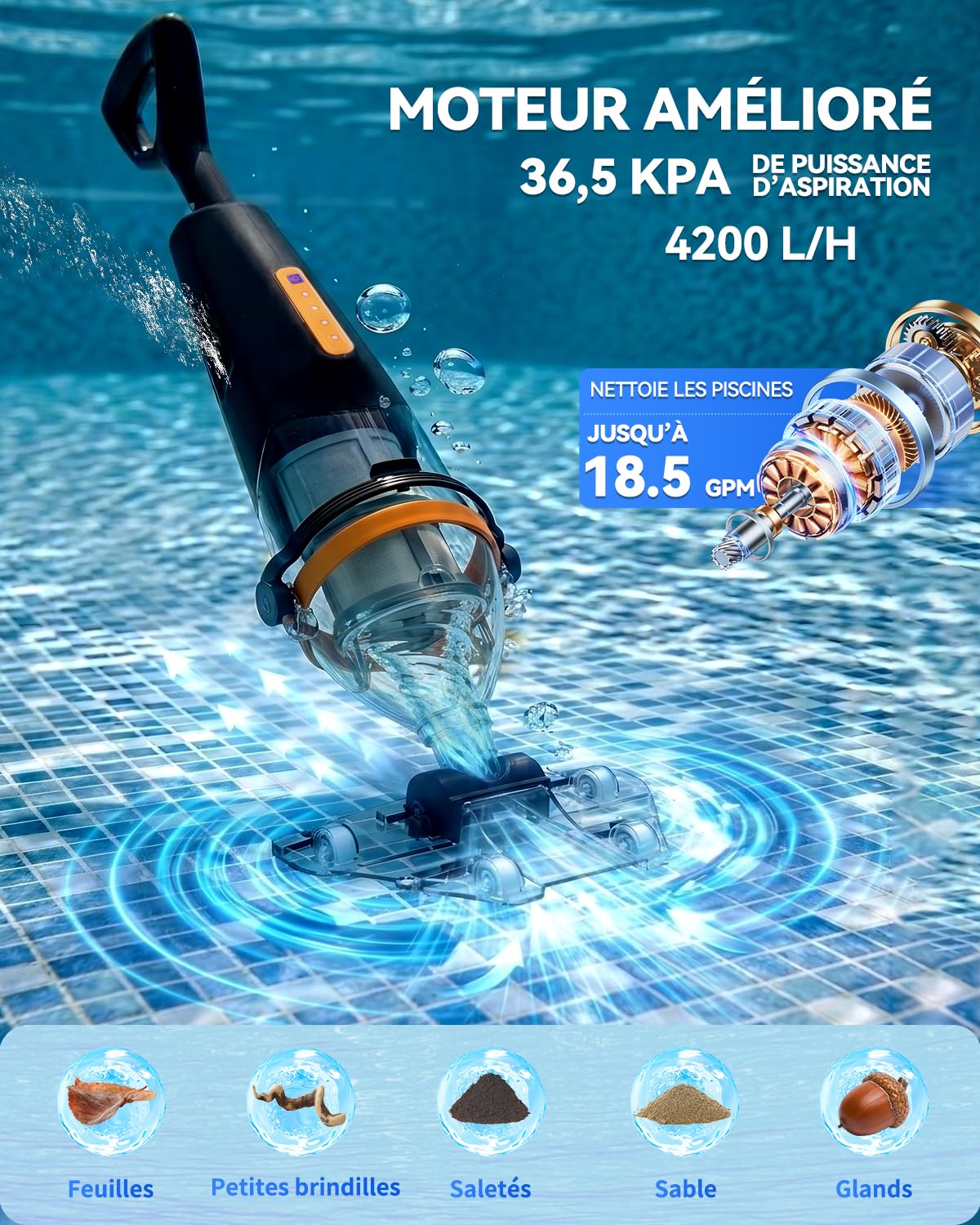Aspirateur de Piscine sans Fil avec Télécommande sans Fil, Aspirateur Piscine Hors Sol 4200 L/H, 75 Min d'Autonomie, Bac Rigide, Longueur Maximale 235 cm, Adapté aux Piscines et Spas