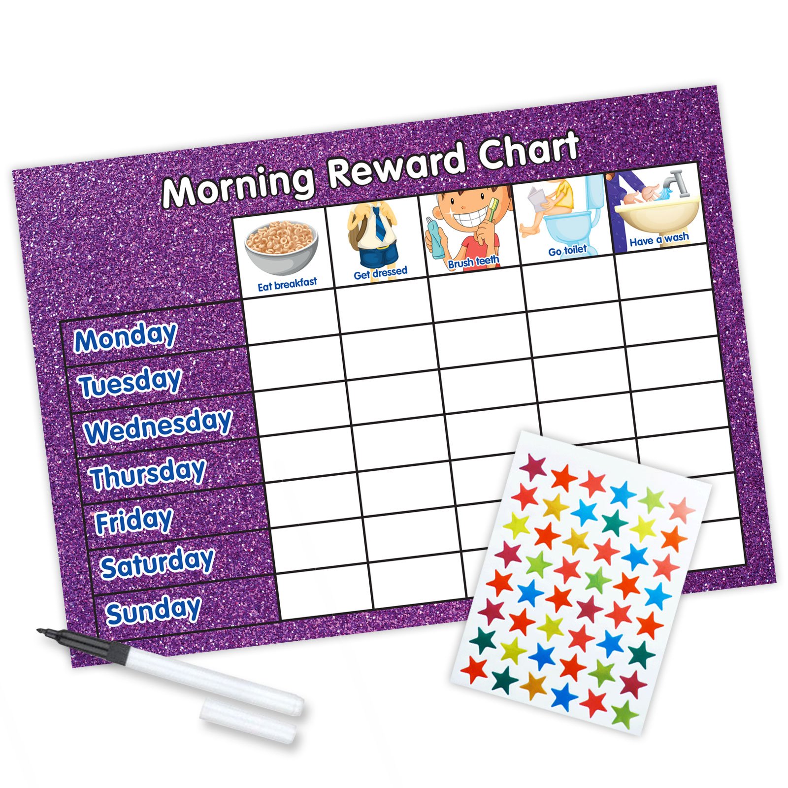 Funky Monkey House Glitter Morning Reward Chart (including FREE Star Stickers and Pen) Purple