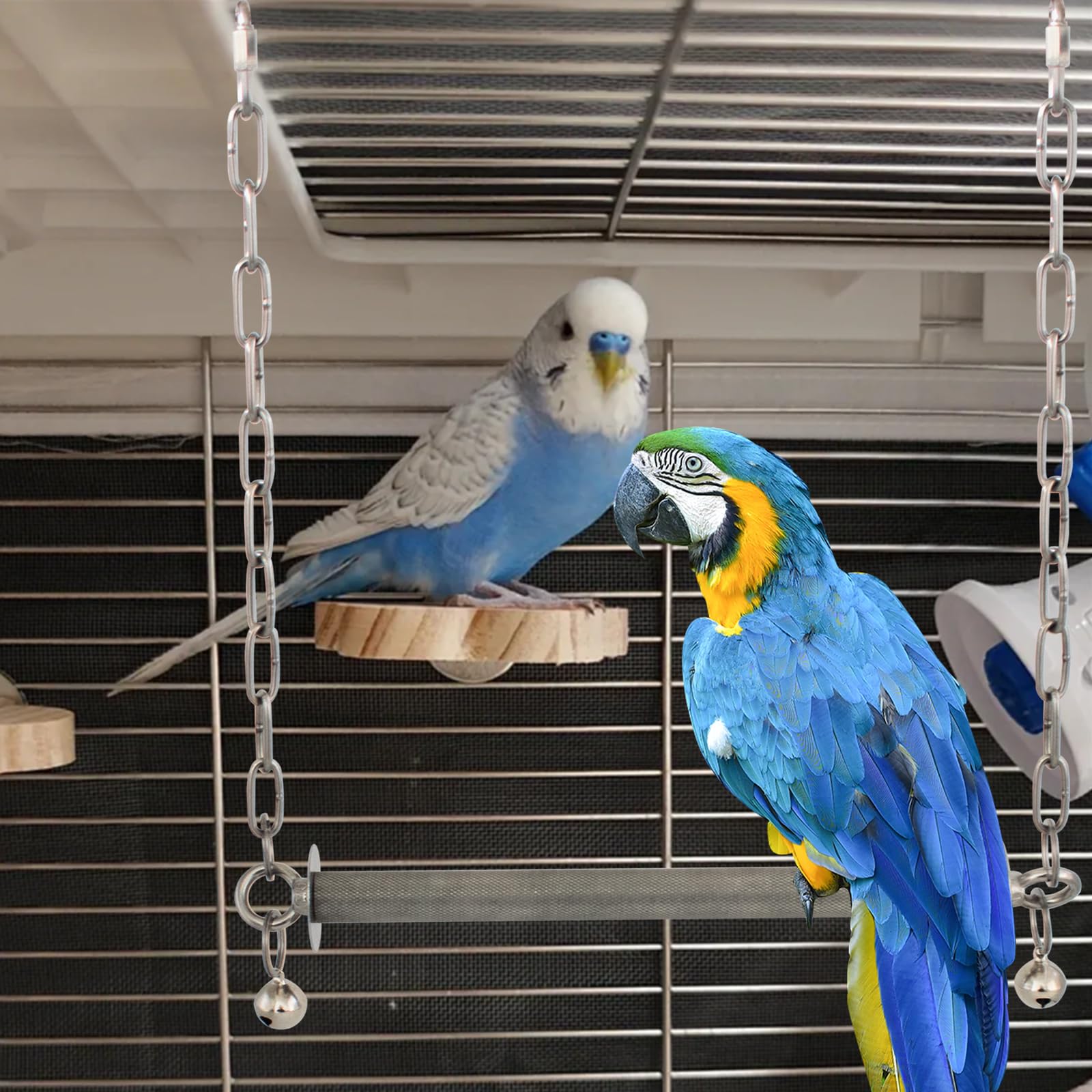 Balançoire Lourde pour Grands Perroquets en Acier Inoxydable - Perchoir avec Clochette et Pierre à Aiguiser Les Griffes, Jouet à Grimper et Stationnement, Accessoire pour Ara, Gris du Gabon, Amazone