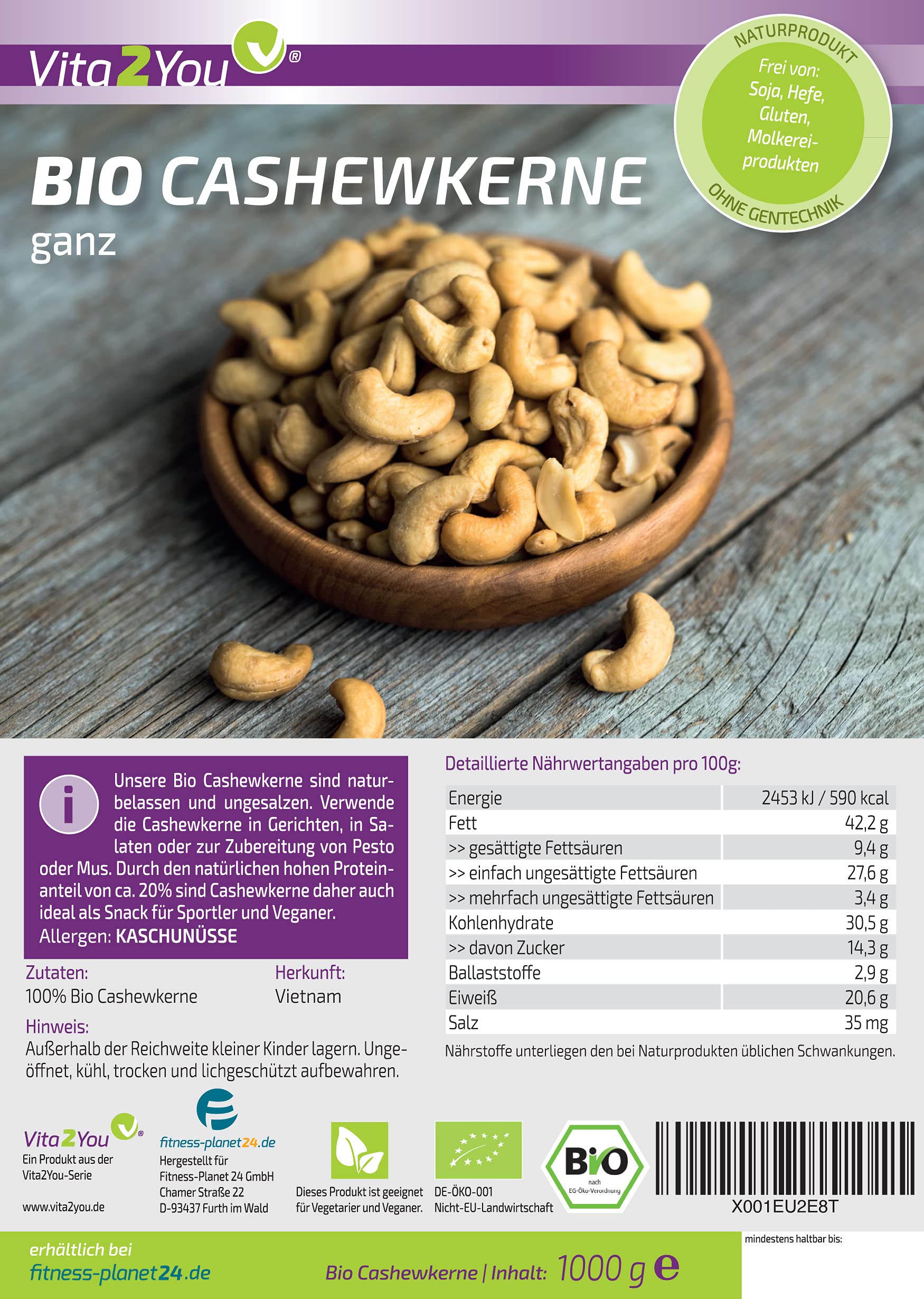 Vita2You Cashewkerne Bio 1000g - naturbelassen - aus biologischen Anbau - ganze cashewnüsse - Premium Qualität