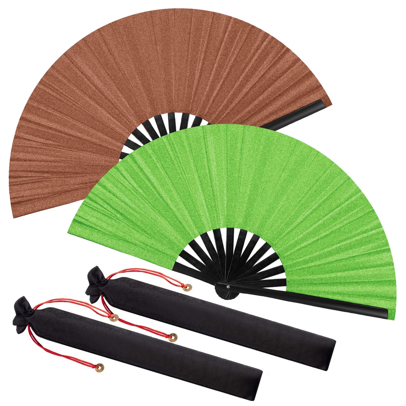 Maitys Large Clap Fans for Line Dancing Large Chinese Folding Hand Fans for Men and Women, Festival, Tai Ji, Kungfu, Martial Art, Gifts(Glitter Green and Brown,2 Packs)