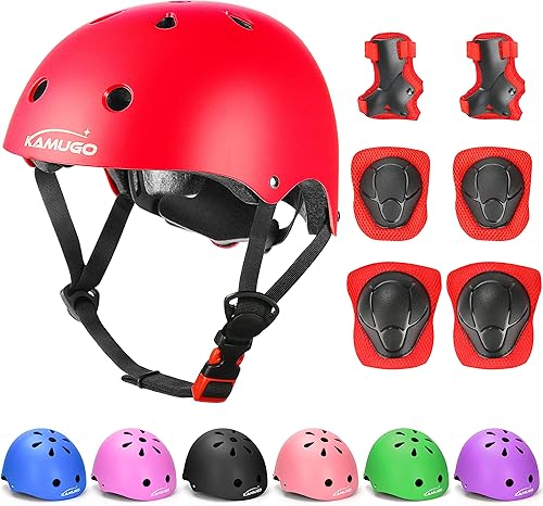 KAMUGO Casco ajustable para niños, con equipo de protección deportivo, rodilleras, coderas y muñequeras para niños de 3 a 8 años, para niños y