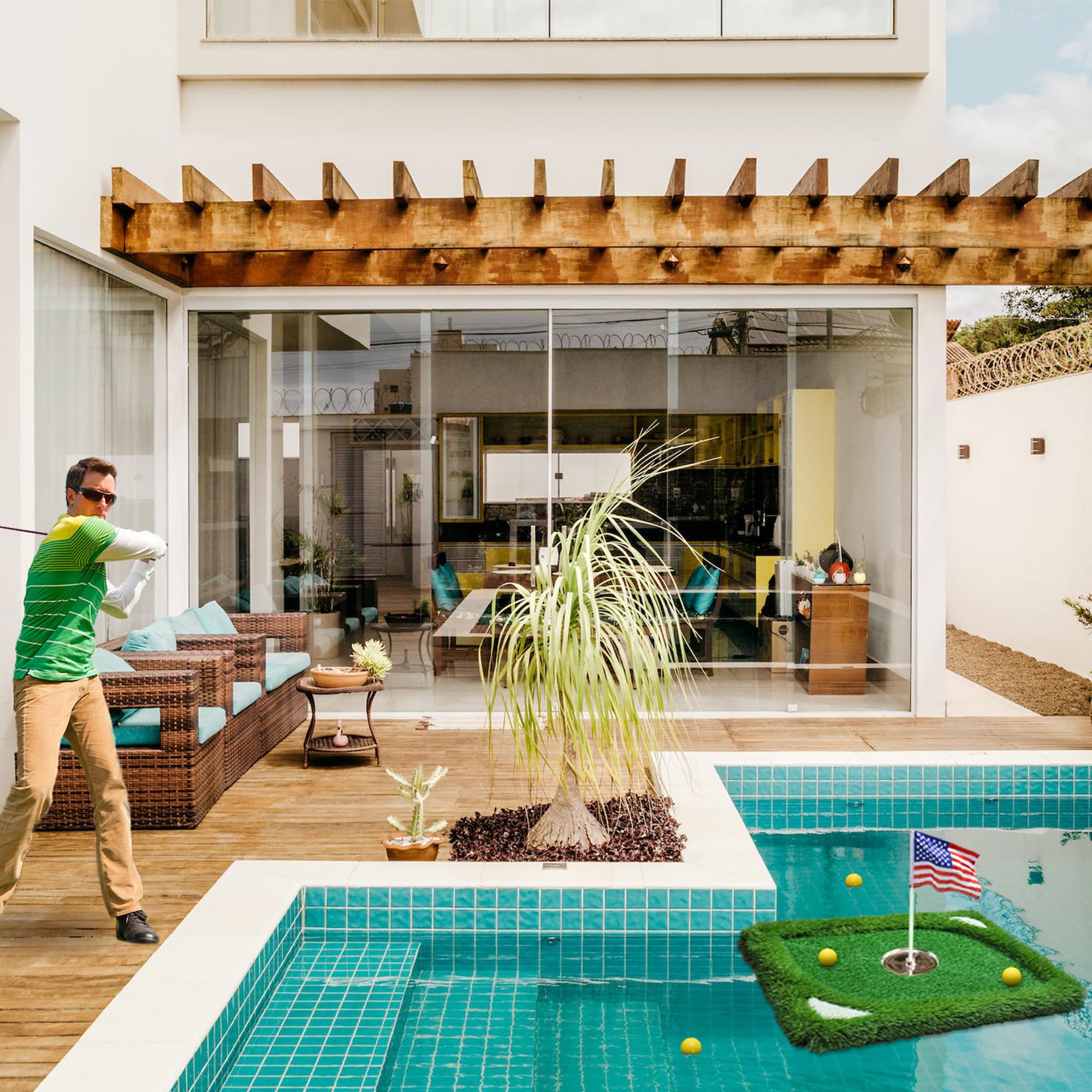SENSECLUB Vert flottant pour piscine, jeu de golf flottant avec tapis de copeaux et 12 balles en mousse