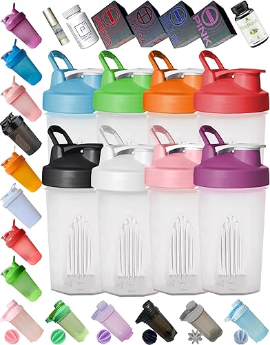 Miniatura 1 de Shaker Bottle Paquete de 8 colores (rosa, verde, morado, negro, blanco, rojo, azul, naranja) con escala de 12 onzas para mezcla de bebidas de