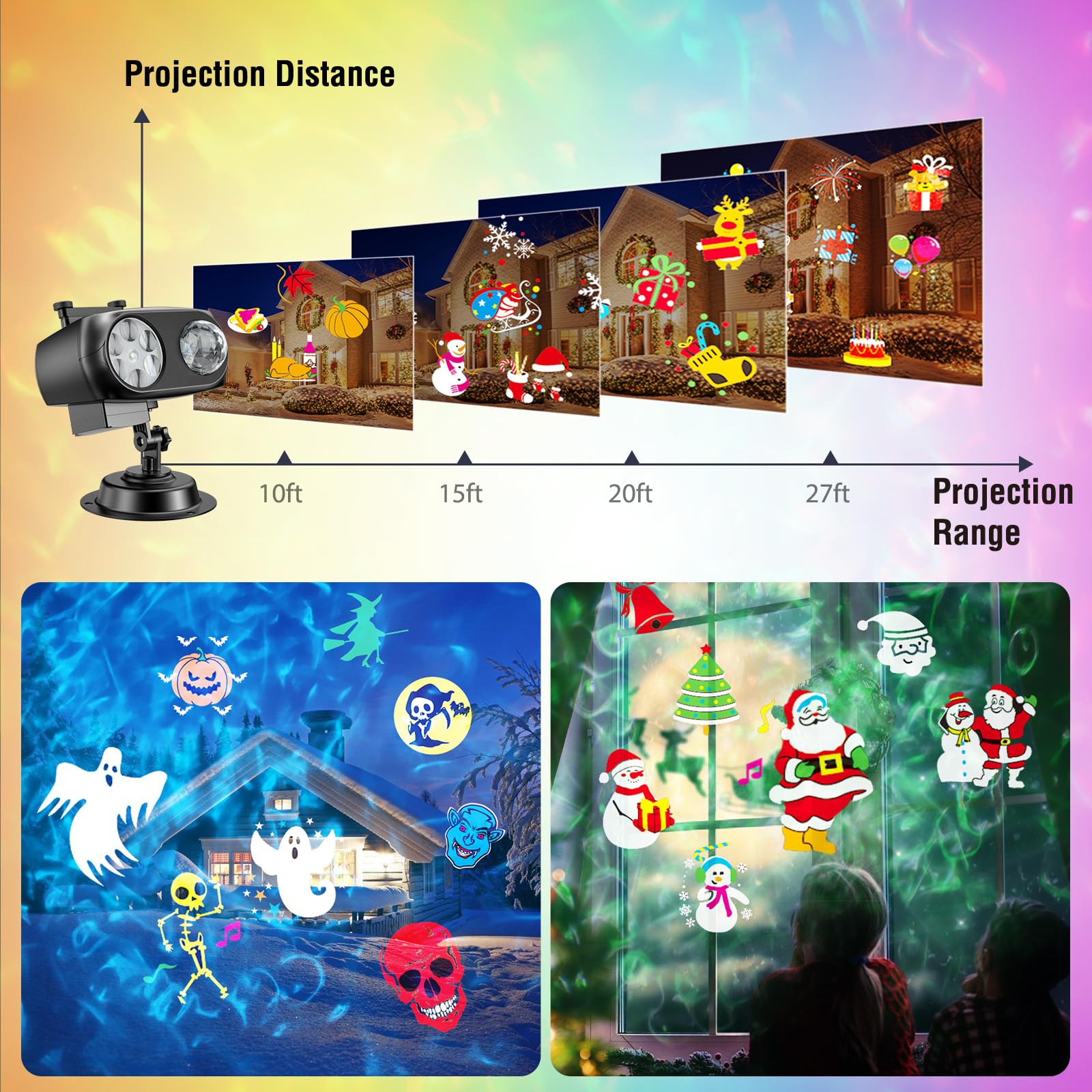 YAZEKY Proiettore Luci Natale per Interno Esterno, Lampada per Proiettore LED Natale con 10 Diapositive 8 Modelli e 10 Effetti di onde d'acqua, Luce Proiettore per Decorazioni Natale Halloween Festa