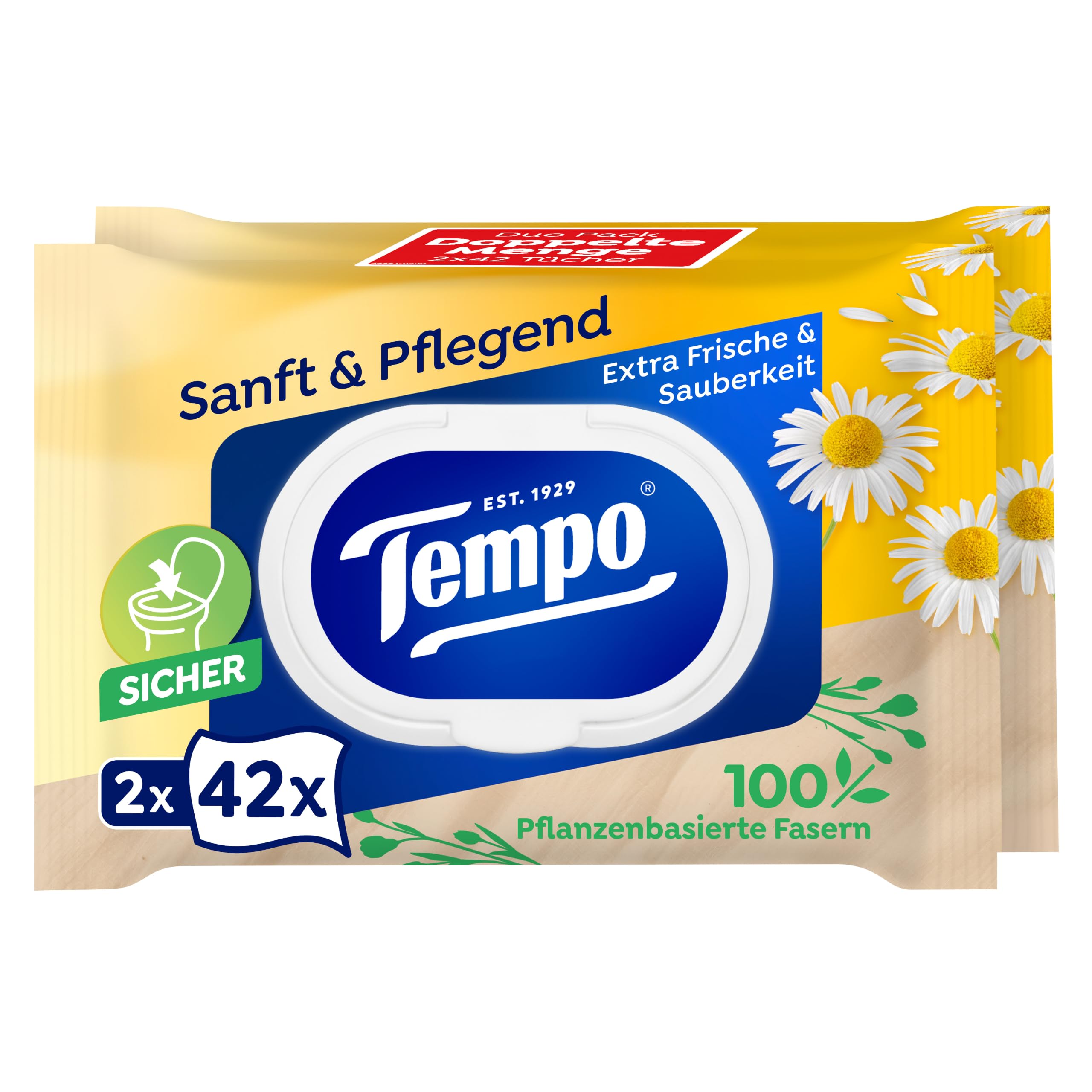Tempo Feuchte Toilettentücher "Sanft & Pflegend" - Megapack - 16 Packungen mit je 42 Tüchern - Duo Packs - mit natürlicher Kamille - Toilettenpapier, dermatologisch getestet & pH-hautneutral