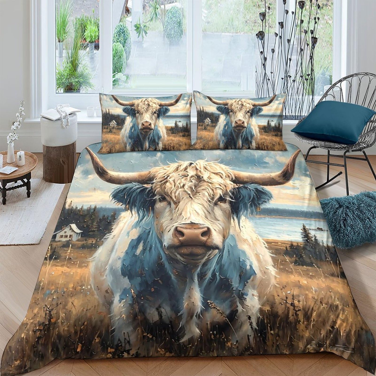 Ctjqhvkz Style-5 3D Printed Highland Cow Fitted Sheet Microfiber Soft Breathable Pasture Bed Cover For Bedroom Guest Room Decor Single（135X200cm）