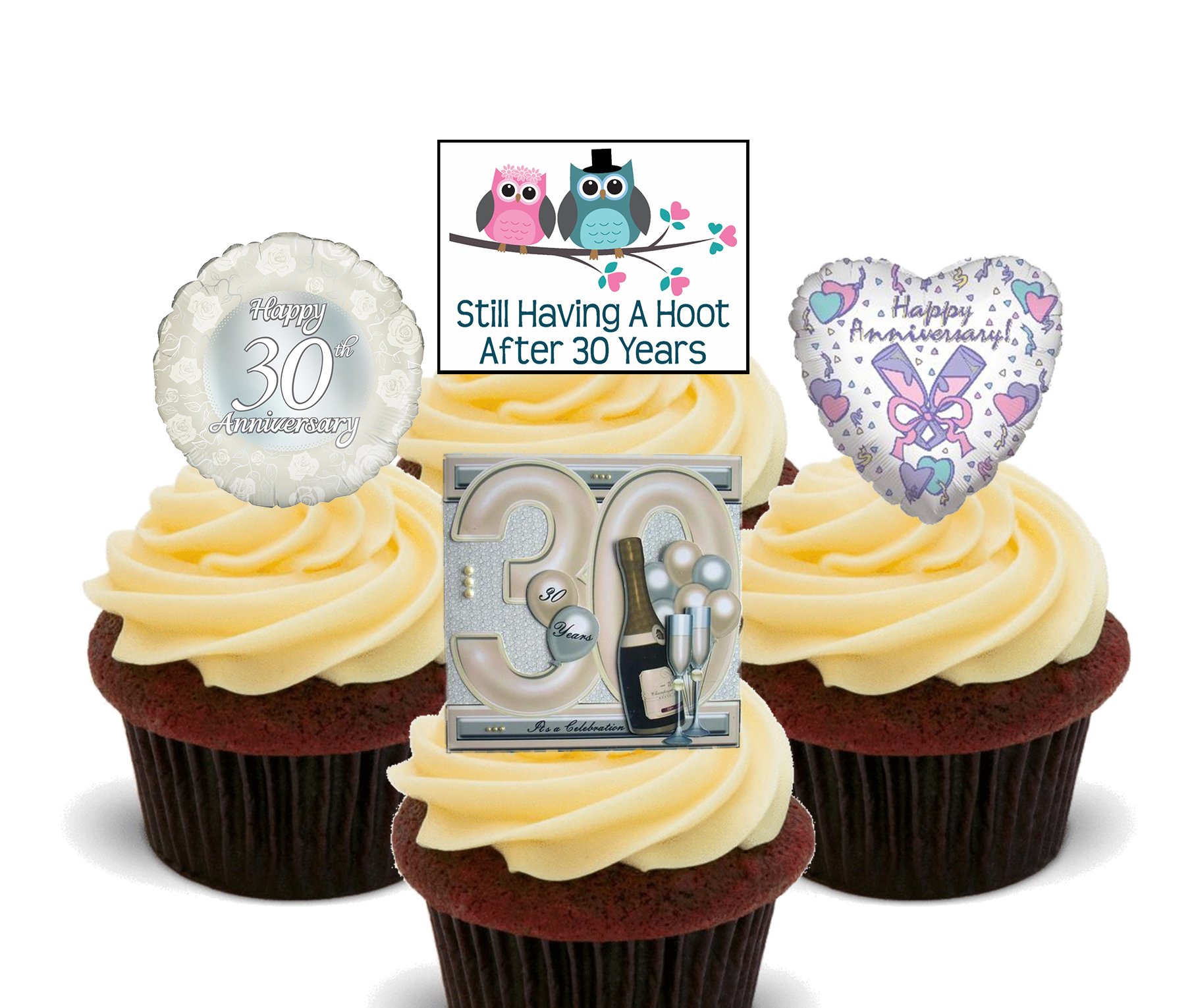 Made4You Pearl Wedding 30th Anniversary Edible Cupcake Toppers - Stand-up Wafer Cake Decorations (Pack of 24)