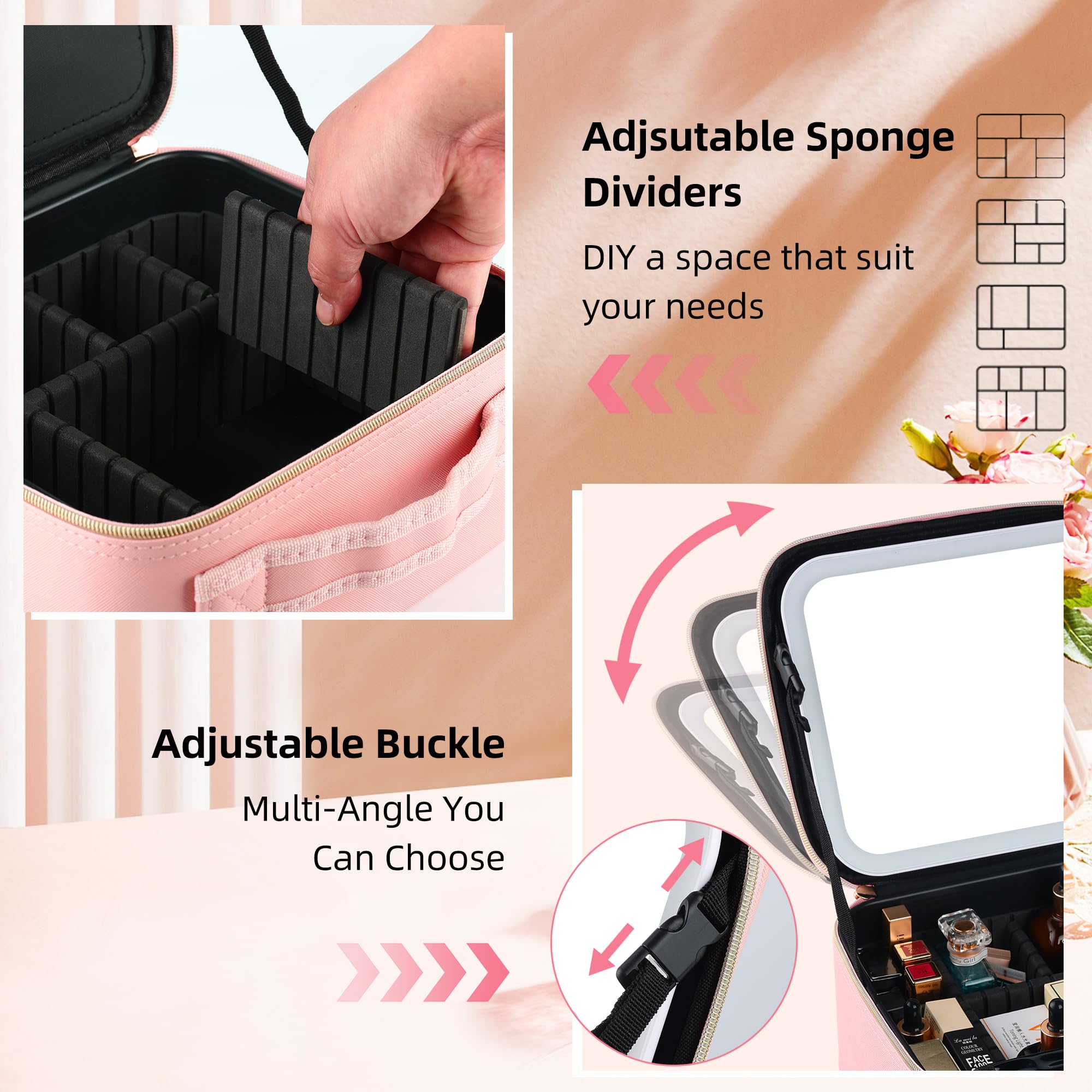 Travel Makeup Bag with LED Mirror – Waterproof Cosmetic Train Case with Adjustable Dividers, Portable Makeup Organizer and Toiletry Bag for Women, Teens & Girls Gift, BagCosPink, Cosmetic Bag With Led 3