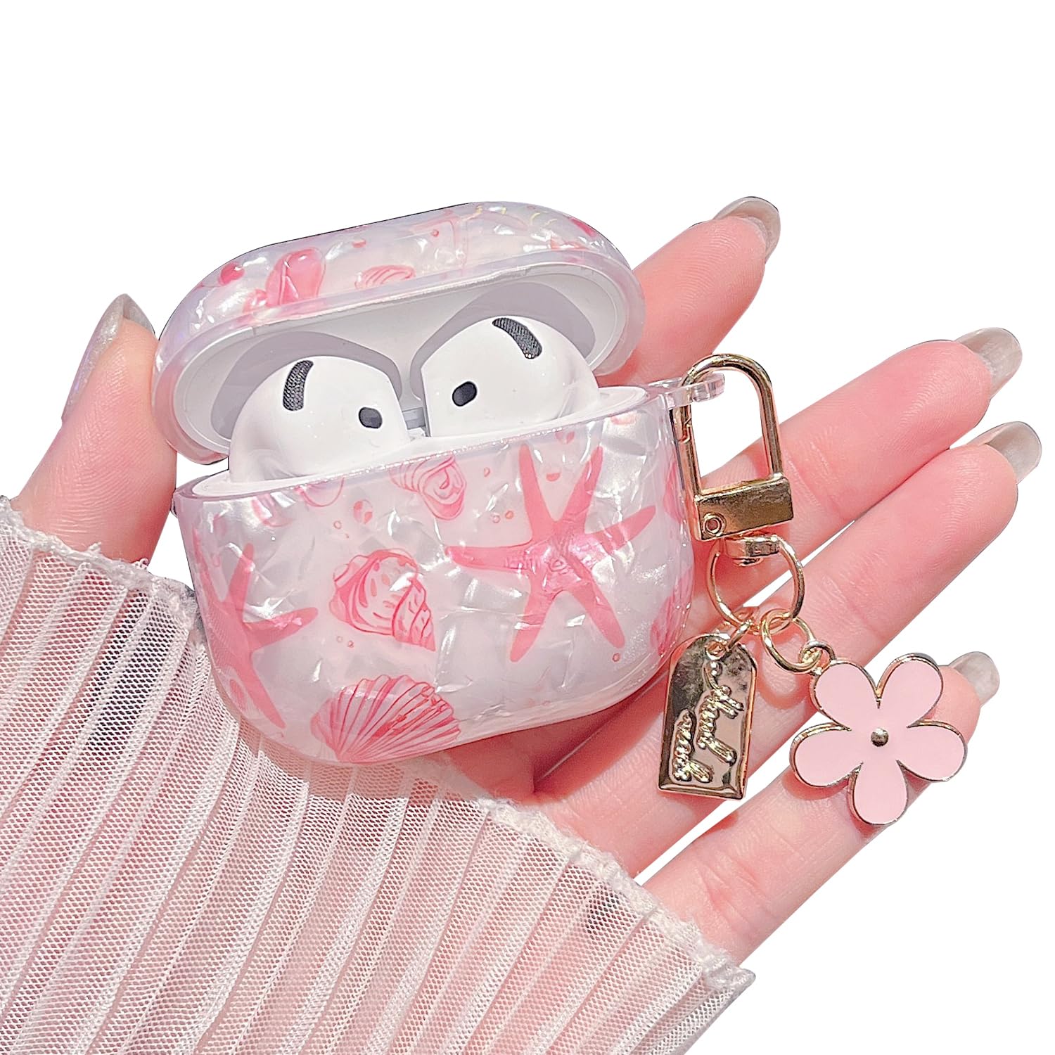 MINSCOSE for AirPods 4 Clear Case,Cute Glitter Seashell and Starfish Pattern Design with Folral Keychain,Soft TPU Protective Cover for Girls Women for AirPods 4-Pink