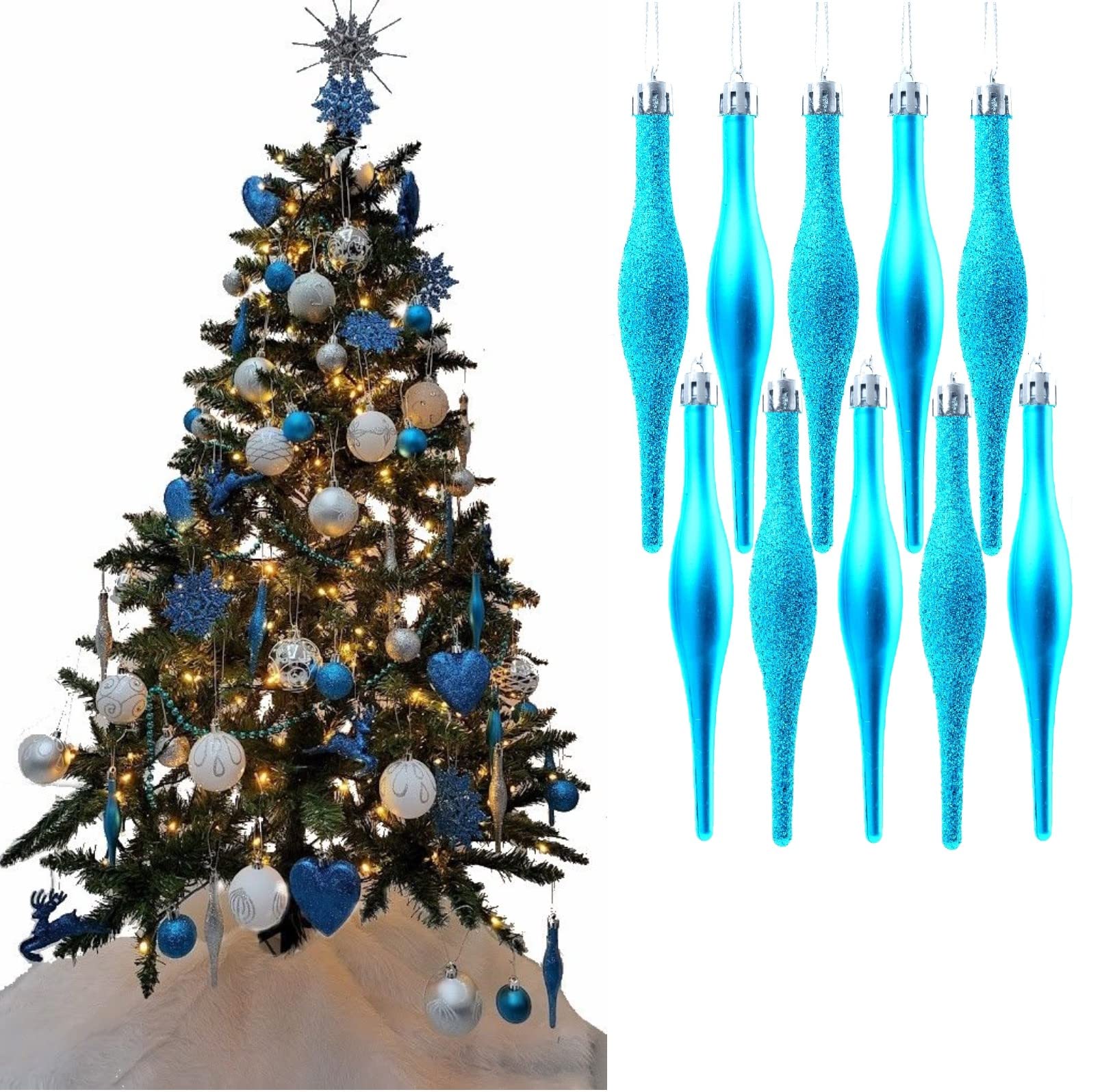 Simply Products Turquoise Glitter & Matte 10 Droplet Baubles - Great Christmas Tree Decoration, Matte & Glitter Icicle Baubles (Turquoise Glitter & Matte)