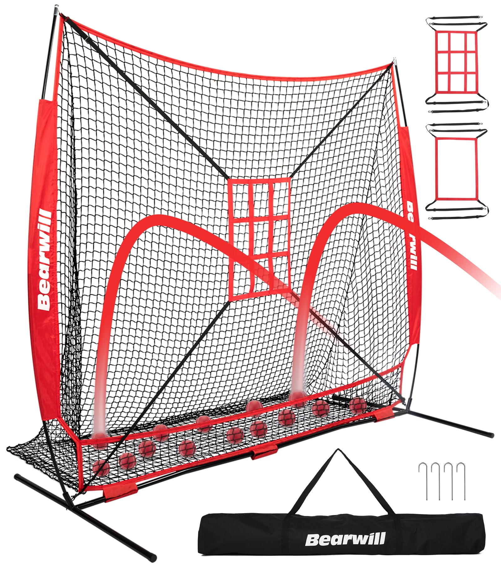 Baseball Net, 7x7ft Baseball Softball Practice Net with Large Ball Collection System, Pitching Net with Batting Tee, 2 Strike Zone, Carry Bag, Baseball Nets for Hitting Pitching