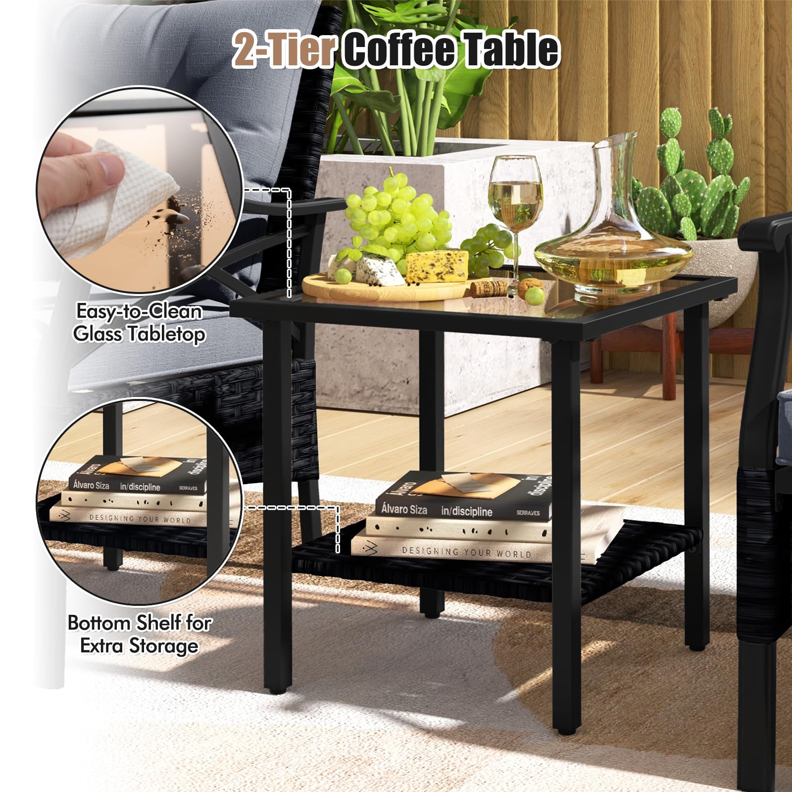 LIFEZEAL Salón de jardín exterior de ratán PE, juego de jardín exterior, 5 piezas, 2 sillones con cojines y 2 reposapiés, mesa de cristal con un estante, sillones, para terraza y patio (gris)