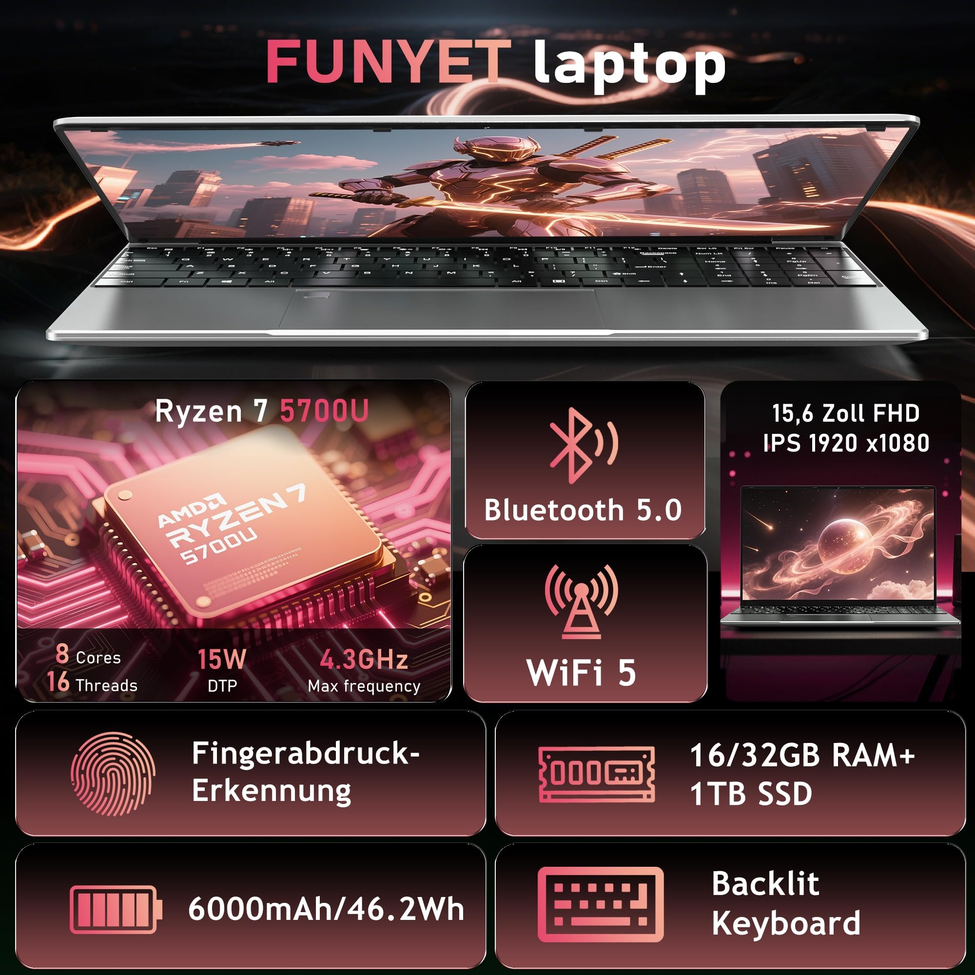 FUNYET 15,6 pollici Gaming Laptop Computer, Processors R7 5700U Win 11 Laptop, RAM 32GB SSD 1TB, TFT retroilluminato, WiFi, 6000AMH, HDMI