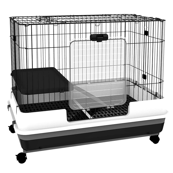 Buy PawHut 2Level Small Animal Cage Rabbit Hutch with Wheels, Removable Tray, Platform and Ramp