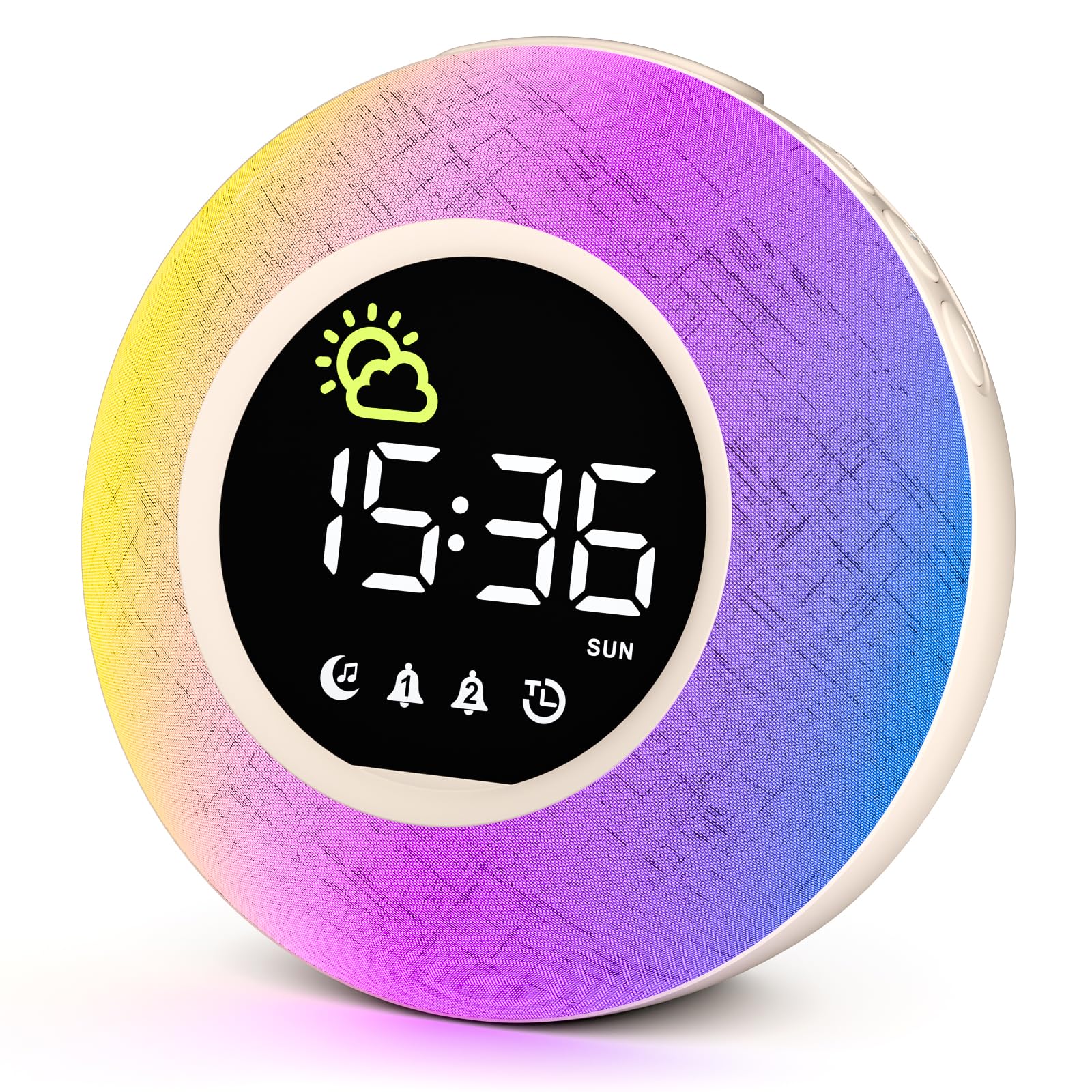 HERMIC Alarm Clock, Digital Alarm Clock Bedside with Night Light, 12 White Noise, Adjustable Volume & Brightness, 10 RGB Night Light, Timer, Snooze, Clock for Kids Adults Mains Powered (Incl. Adapter)