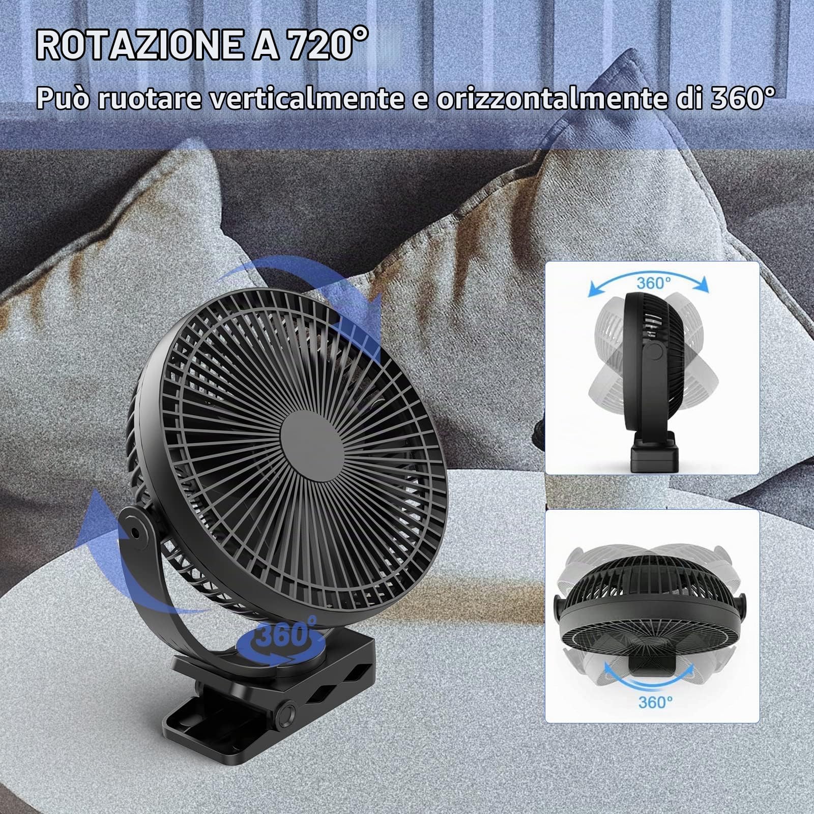 Ventilatore, Ventilatore Pinza, Ventola Della Batteria USB 10000mAh,Ventola Ricaricabile, Ventilatore da Scrivania Silenzioso,3 Velocità, Regolabile 360°, Adatto Per Scrivanie, Auto, Uffici Domestici