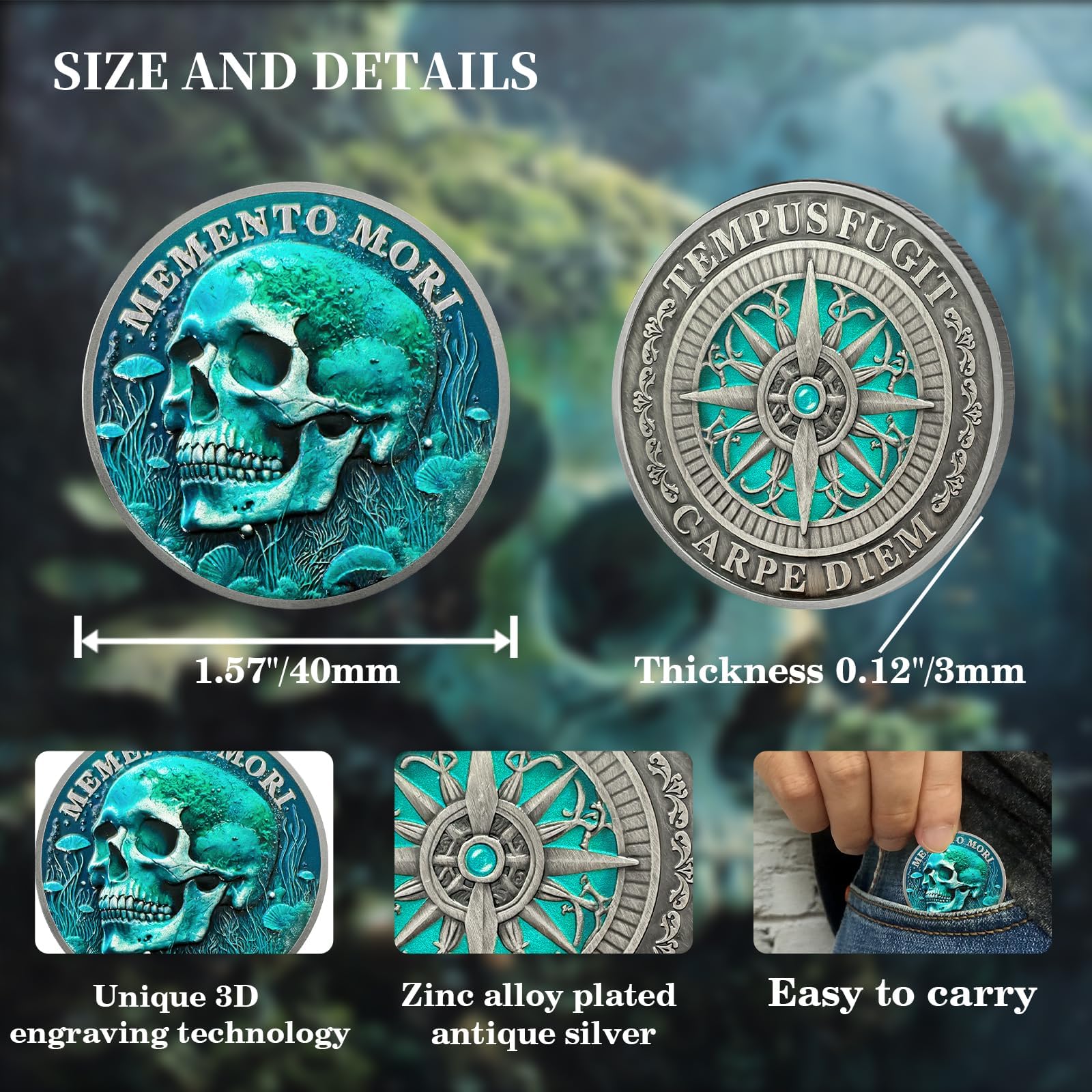 AACGZQY Memento Mori Münze – Totenkopf-Ozean-Memento-Vivere-Münze mit Kompass – Stoische EDC-Challenge-Münze für den Alltag – Genießen Sie noch heute diese motivierende Erinnerungsmünze für Stoizismus