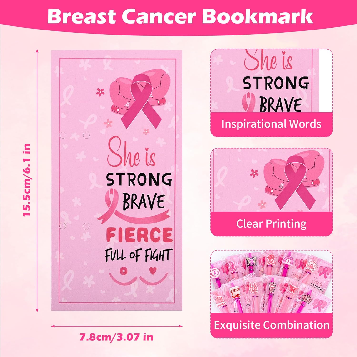 LiYiQ 48 Pcs Breast Cancer Awareness Ballpoint Pens with Bookmark Pink Pens Bulk Breast Cancer Accessories for Women Nurse Girls