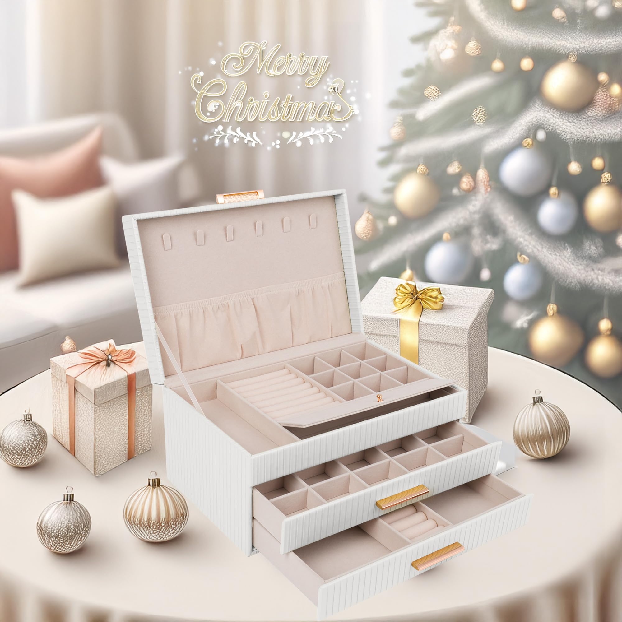 Dajasan Jewelry Boxes for Women, Jewelry Box Organizer with 2 Drawers, 3-Tier Large Jewelry Holder Organizer Box for Necklace Ring Earring Bracelet, Gift Idea, Modern Style (White)