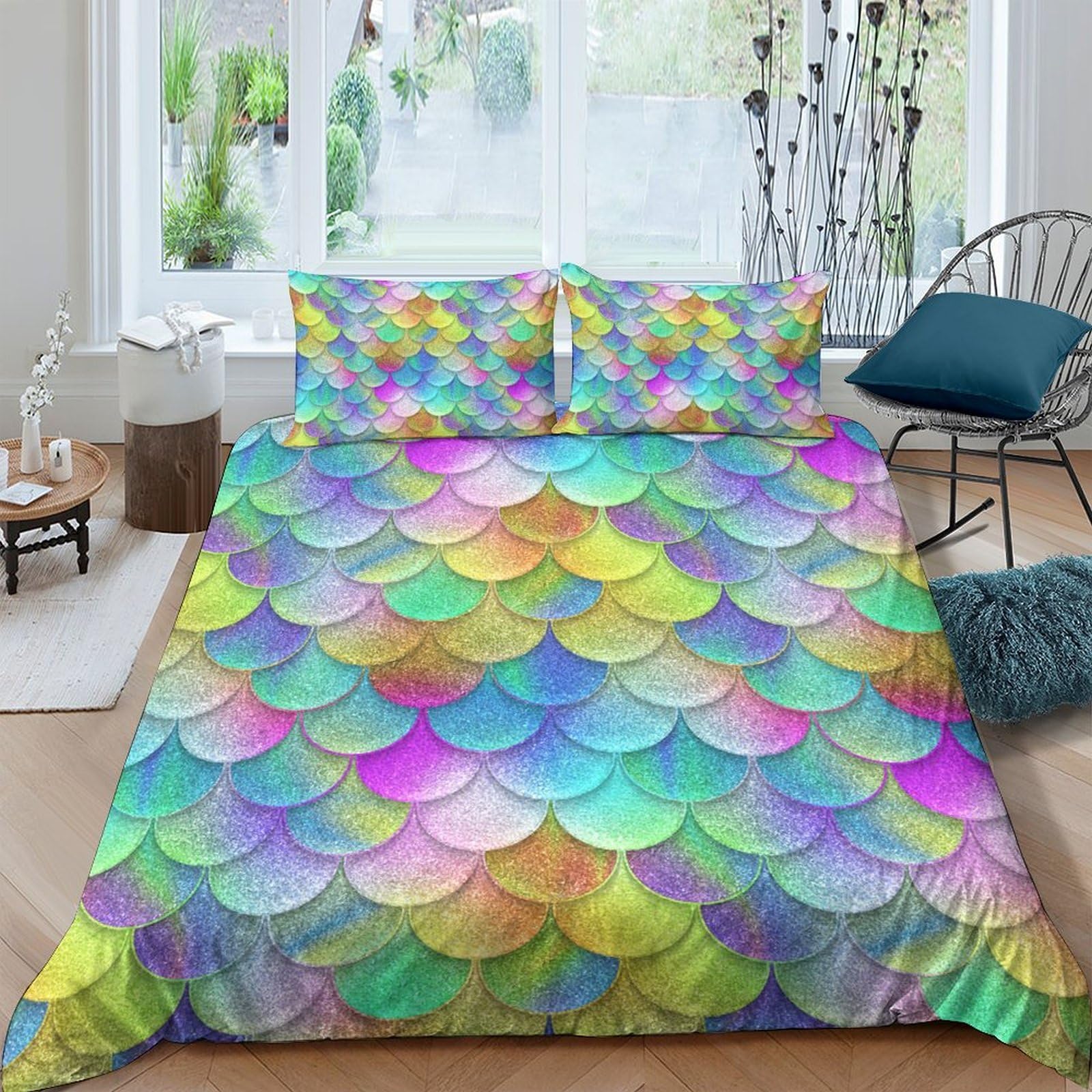 Ctjqhvkz Style-8 3D Printed Rainbow Mermaid Scales Fitted Sheet Microfiber Colorful Bed Cover Non Slip Machine Washable Bedroom Decor Single（135X200cm）